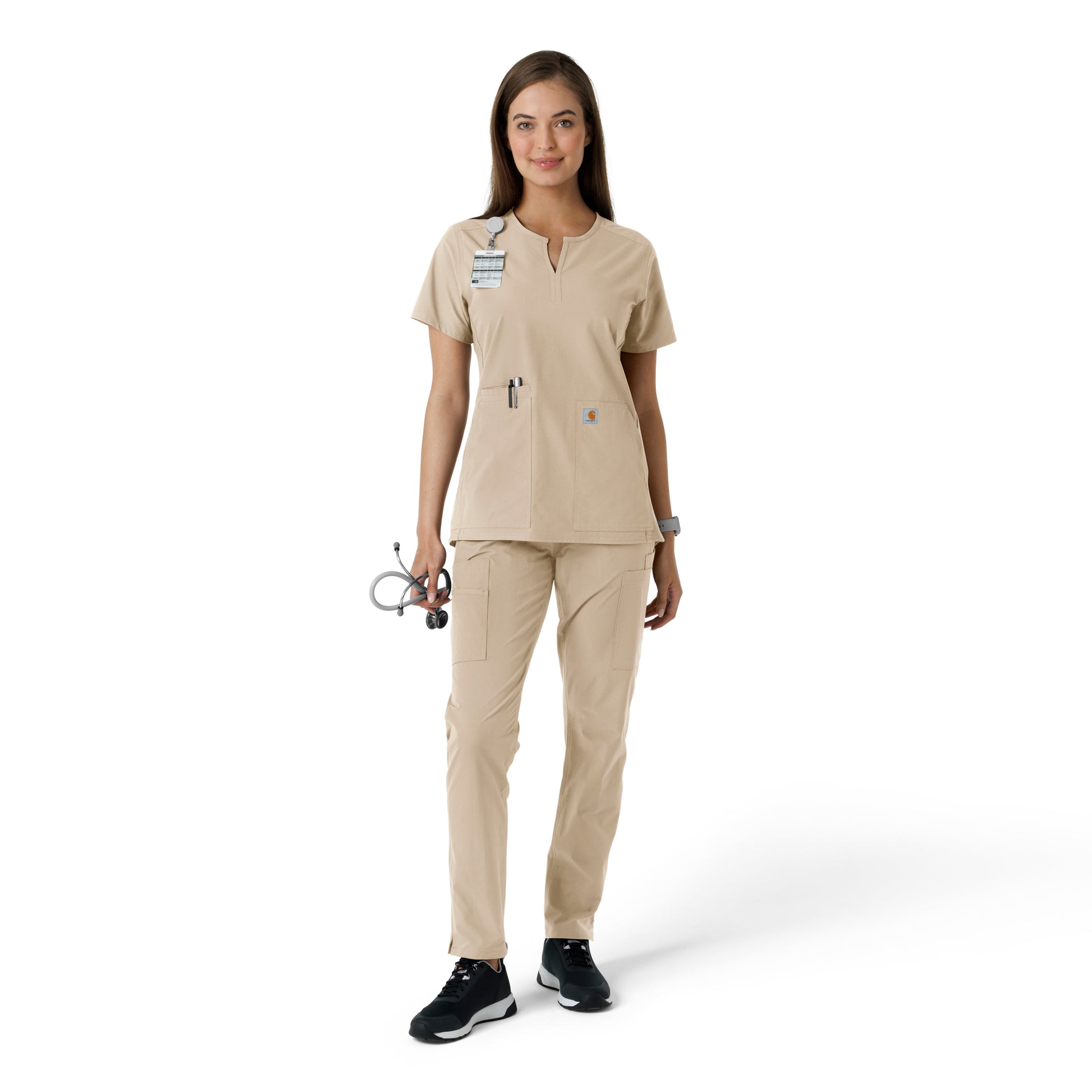 Force Essentials C12413 Notch Neck Tunic Knit Panel Scrub Top Khaki Model Image Right Side | Carhartt