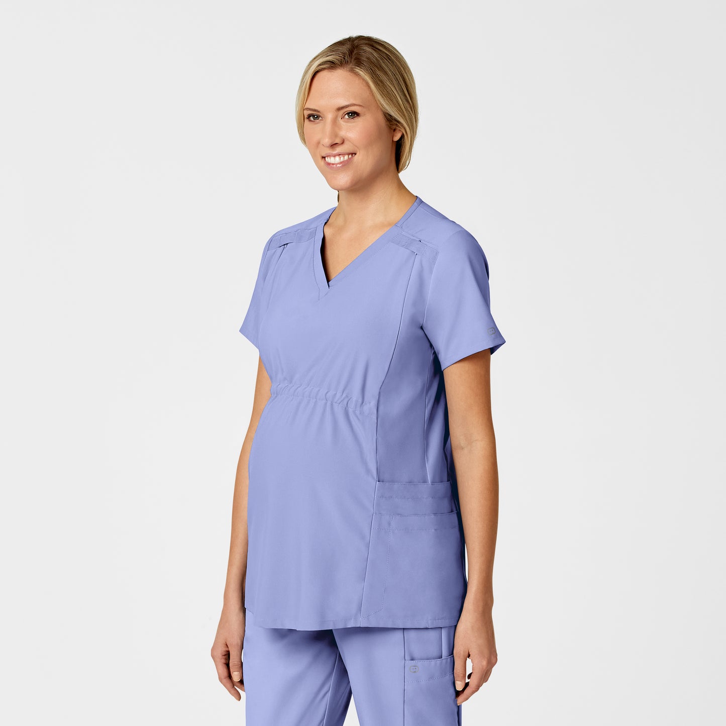 W123 4555 Maternity V-Neck Scrub Top Ceil Blue Model Image Right Side | Wink