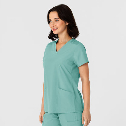 W123 6145 Flex-n-Reach Side Panel V-Neck Scrub Top Turquoise Model Image Right Side | Wink