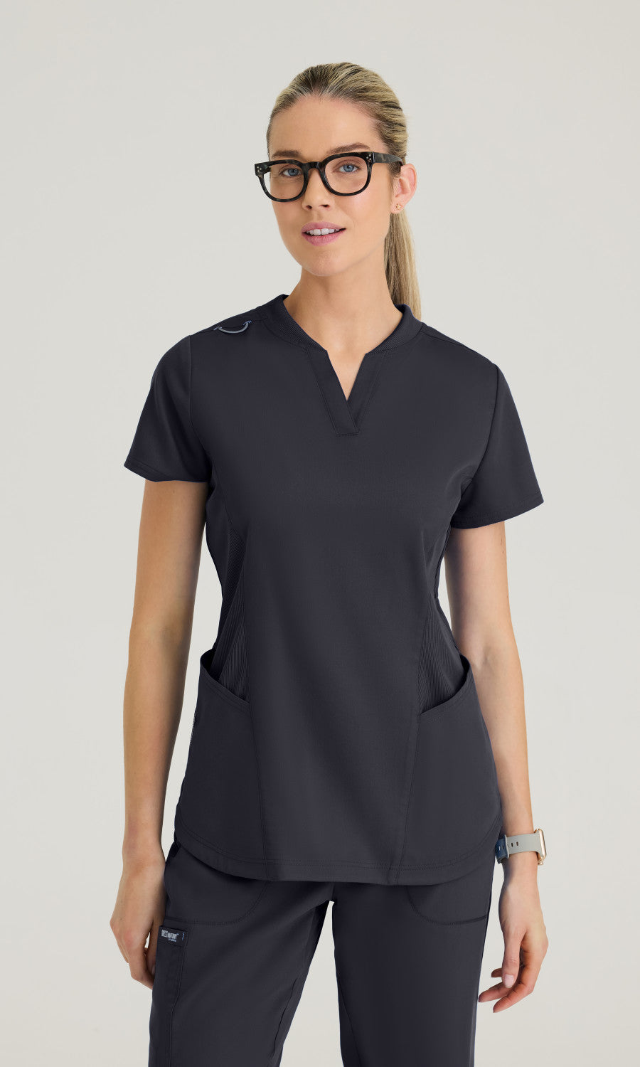 Greys Anatomy Classic GRT303 Women's Erin Top in Steel by Barco Model Image Front