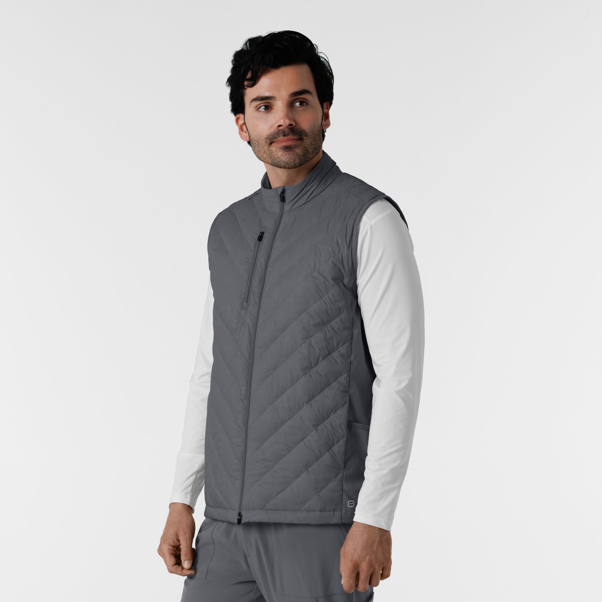 Layers 8377 Men's Quilted Scrub Vest Pewter Model Image Right Side | Wink