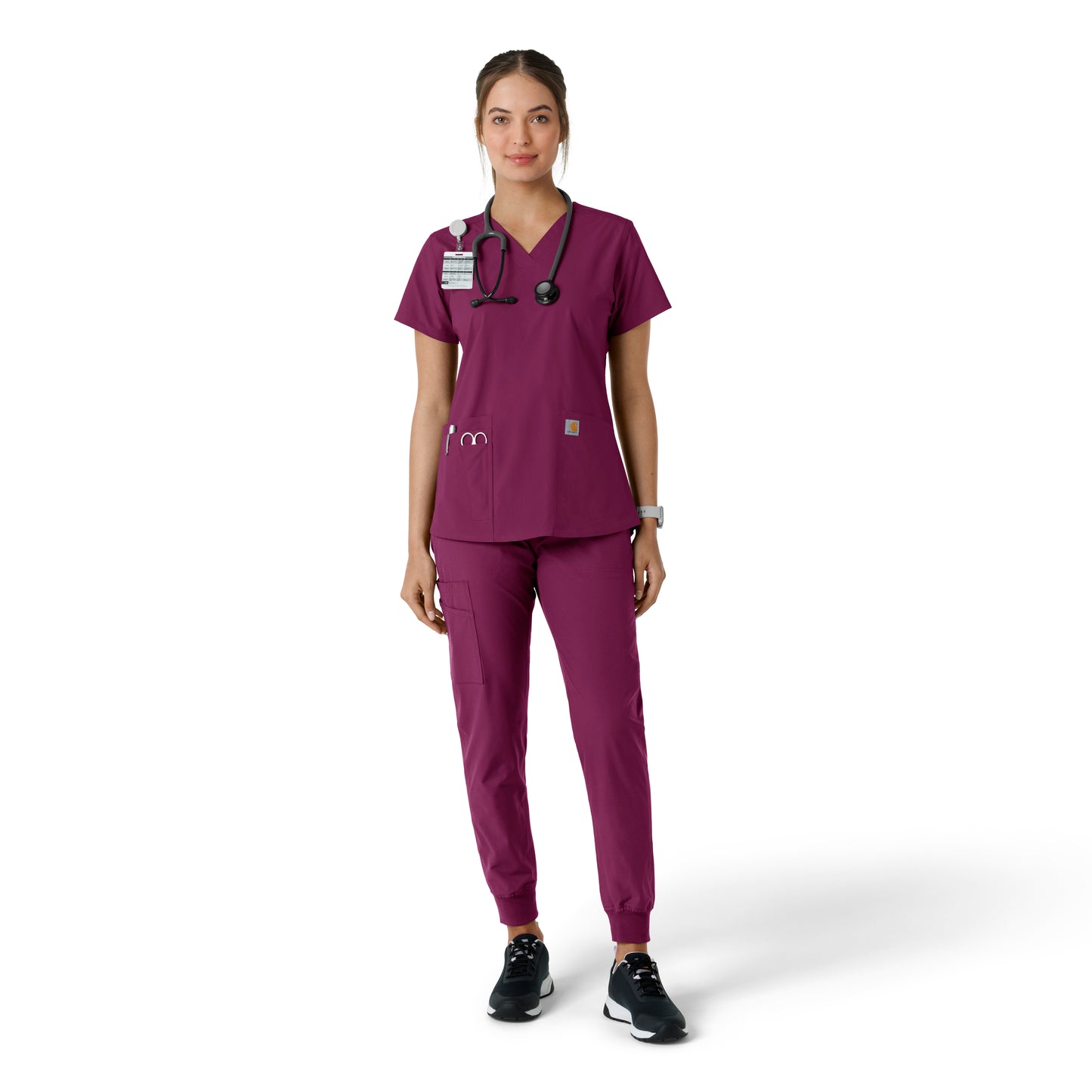 Force Essentials C12313 V-Neck Knit Panel Scrub Top Wine Model Image Front | Carhartt