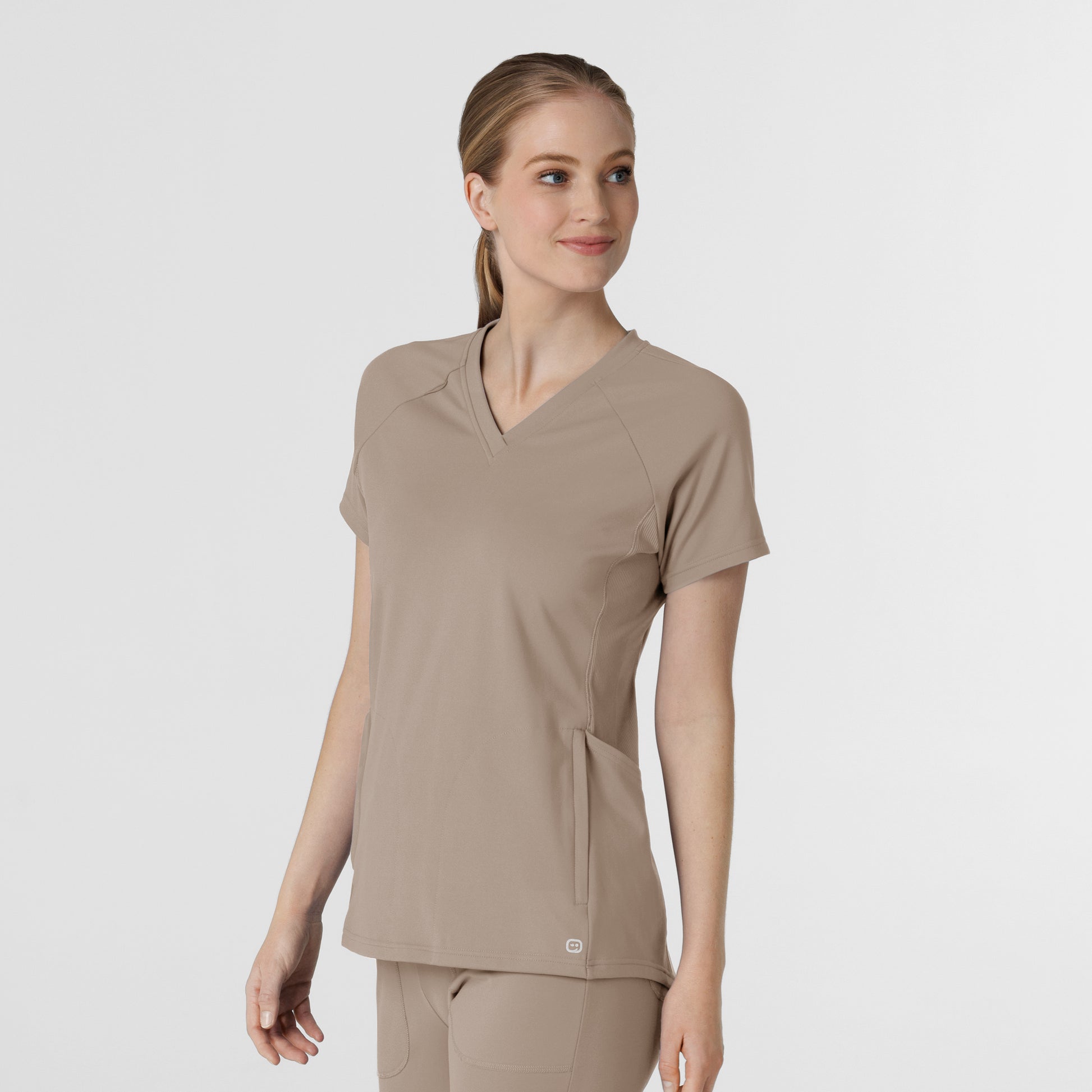 RENEW 6259 Knit Flex-n-Reach V-Neck Raglan Scrub Top Haze Model Image Right Side | Wink