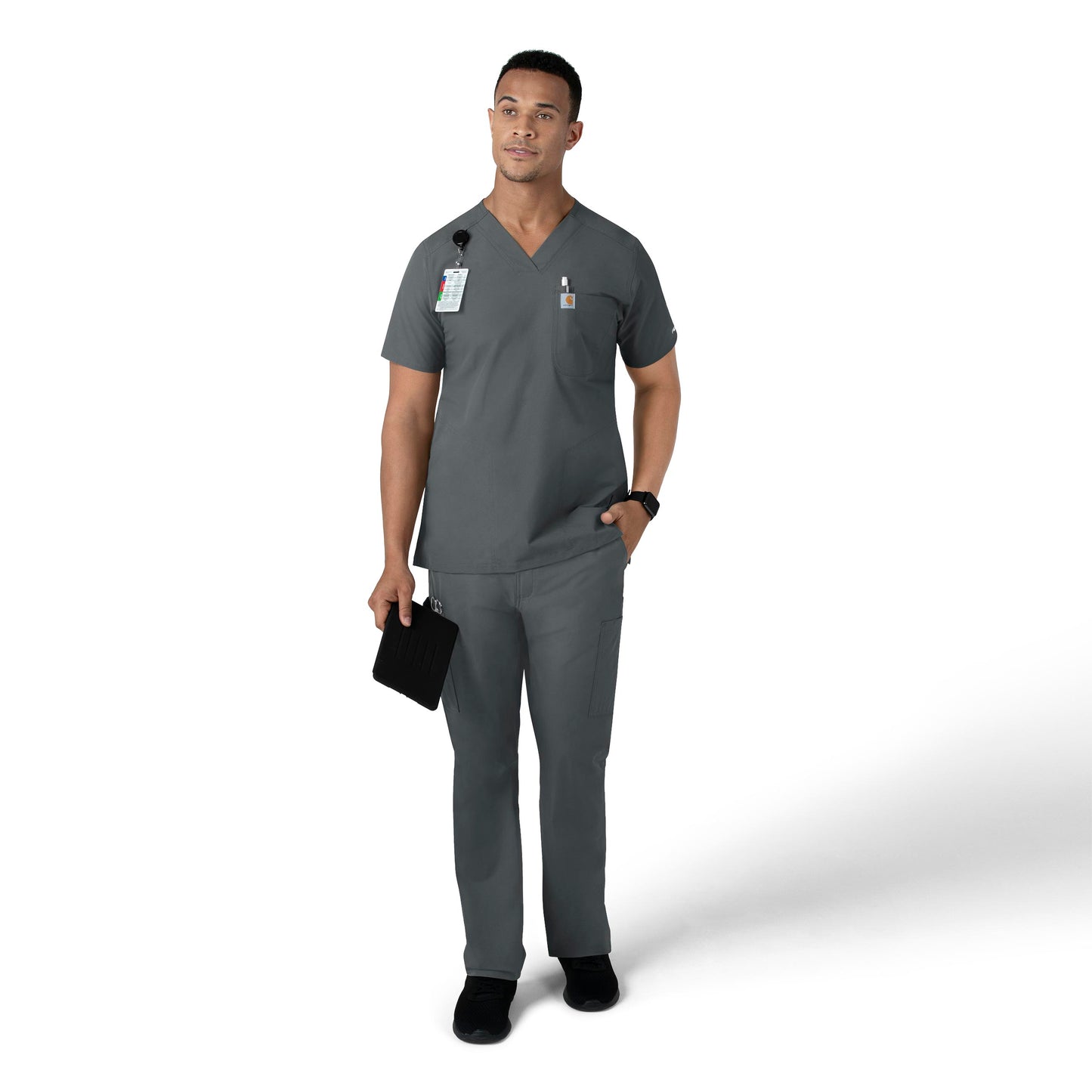 Force Essentials C16113 Men's V-Neck Shirttail Scrub Top Pewter Model Image Right Side | Carhartt