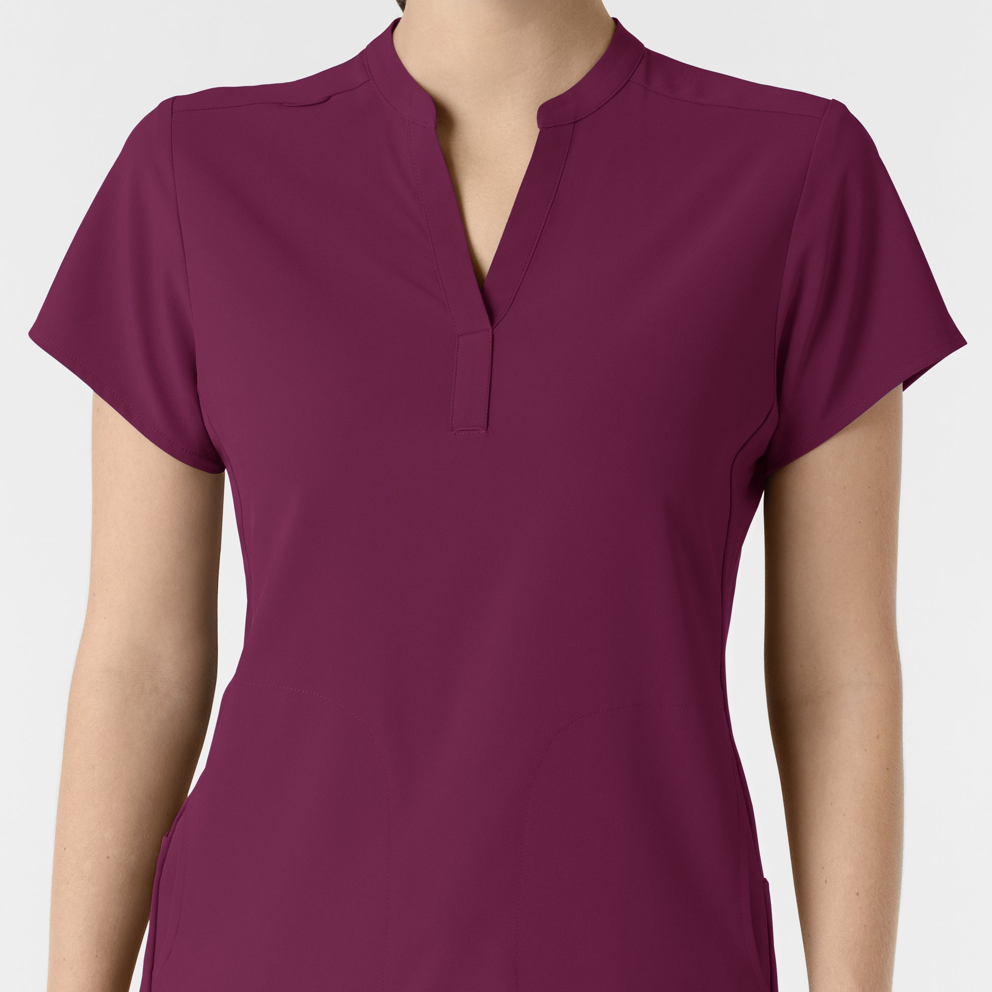 RENEW 6734 Mandarin Collar Scrub Top Wine Model Image Left Side | Wink