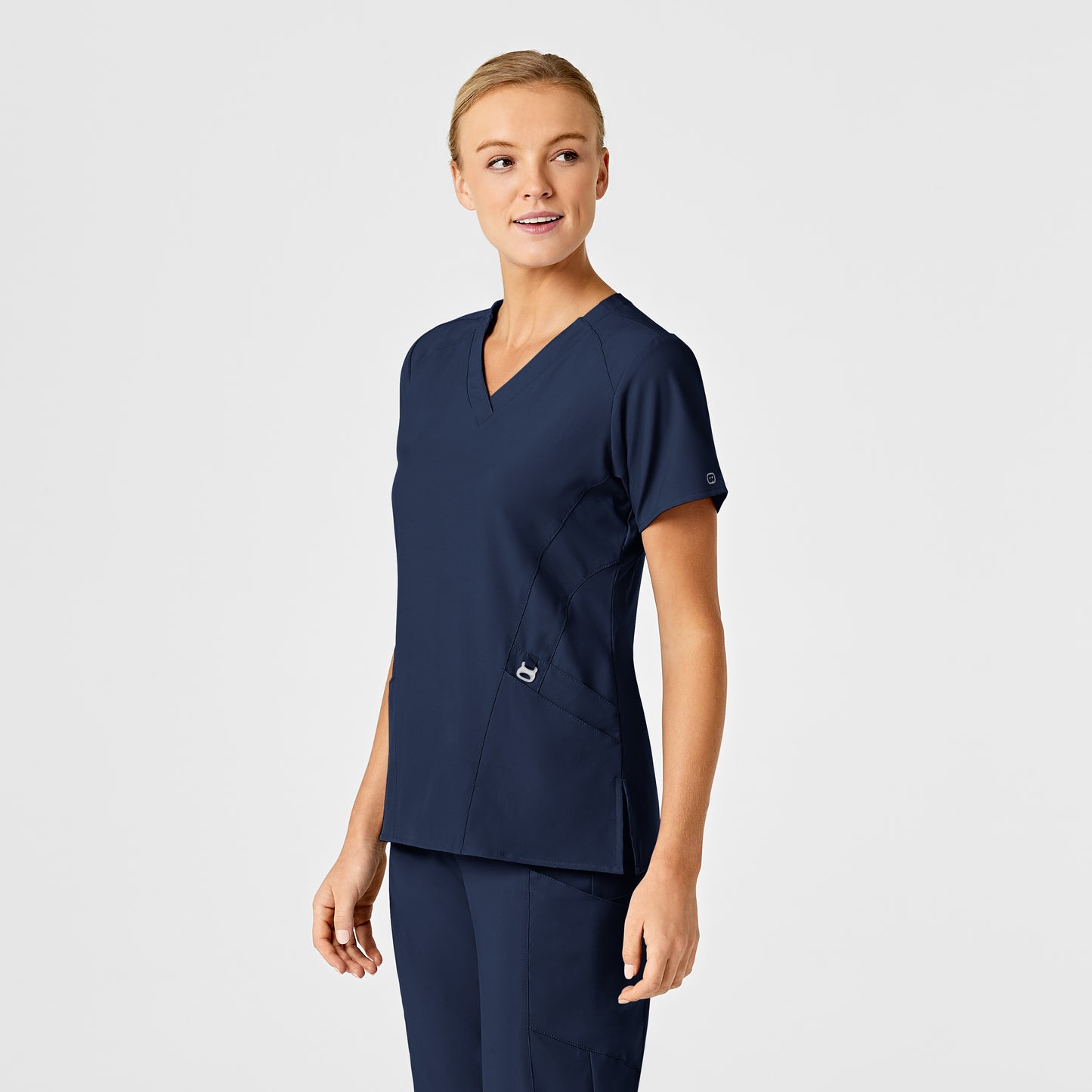 W123 6155 Stylized V-Neck Scrub Top Navy Model Image Left Side | Wink