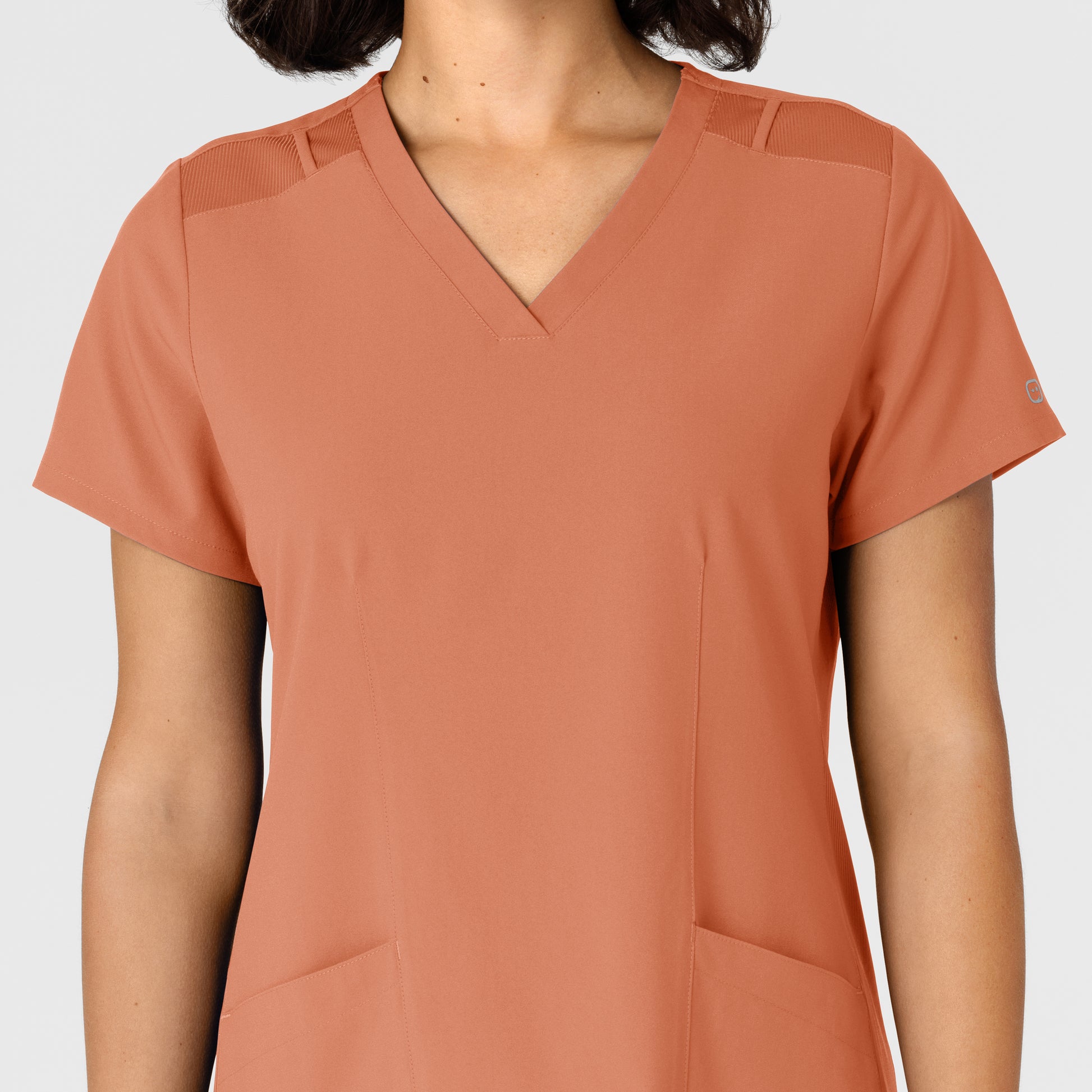 W123 6145 Flex-n-Reach Side Panel V-Neck Scrub Top Terracotta Model Image Left Side | Wink