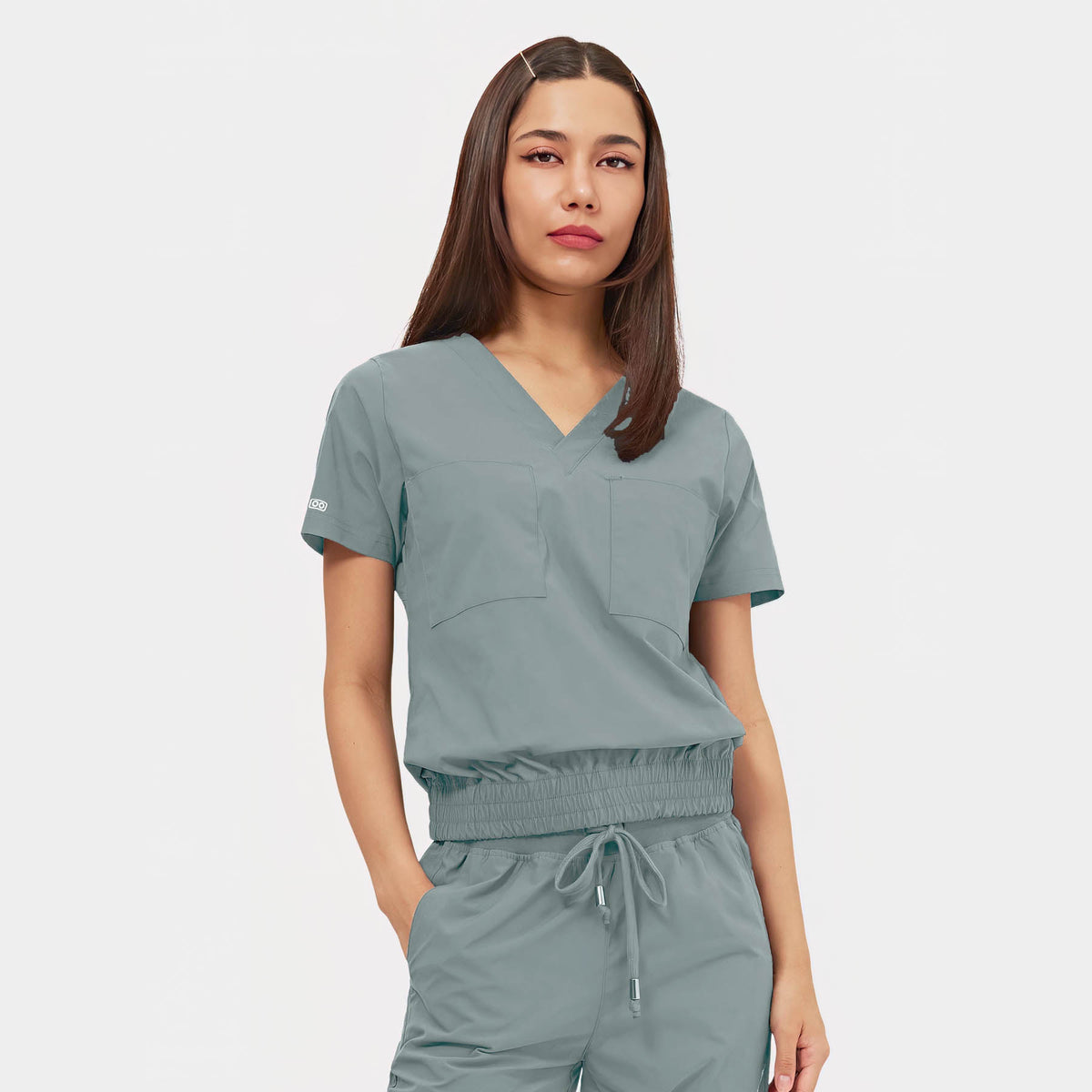 Quantum 1018 Luna Tuck Band V-Neck Scrub Top Camp Green