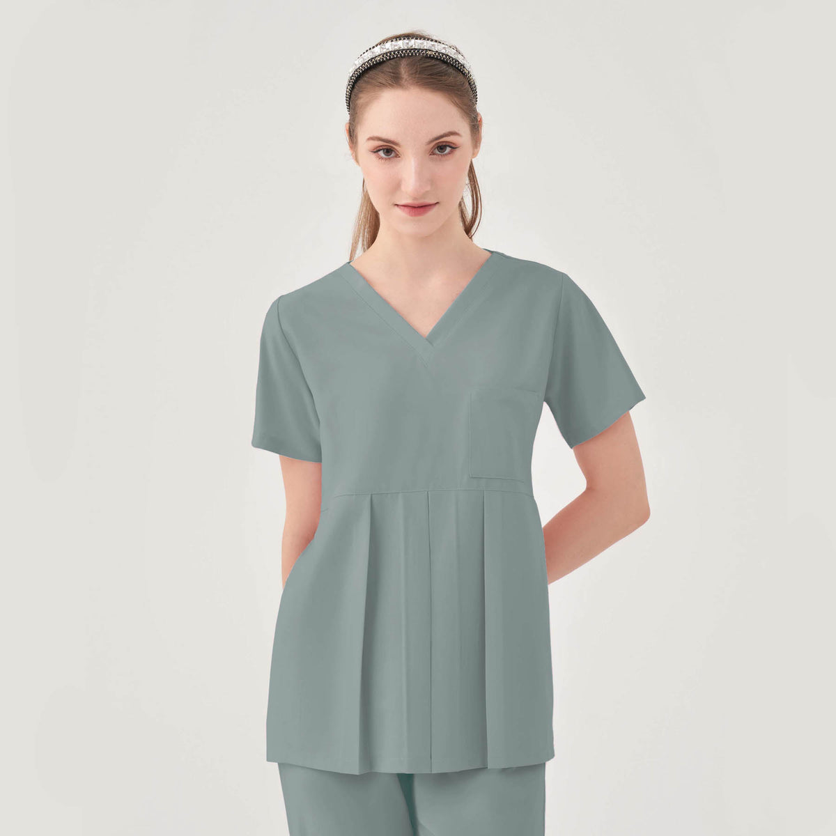 Quantum 1068 Aspen Peplum V-Neck Scrub Top Camp Green