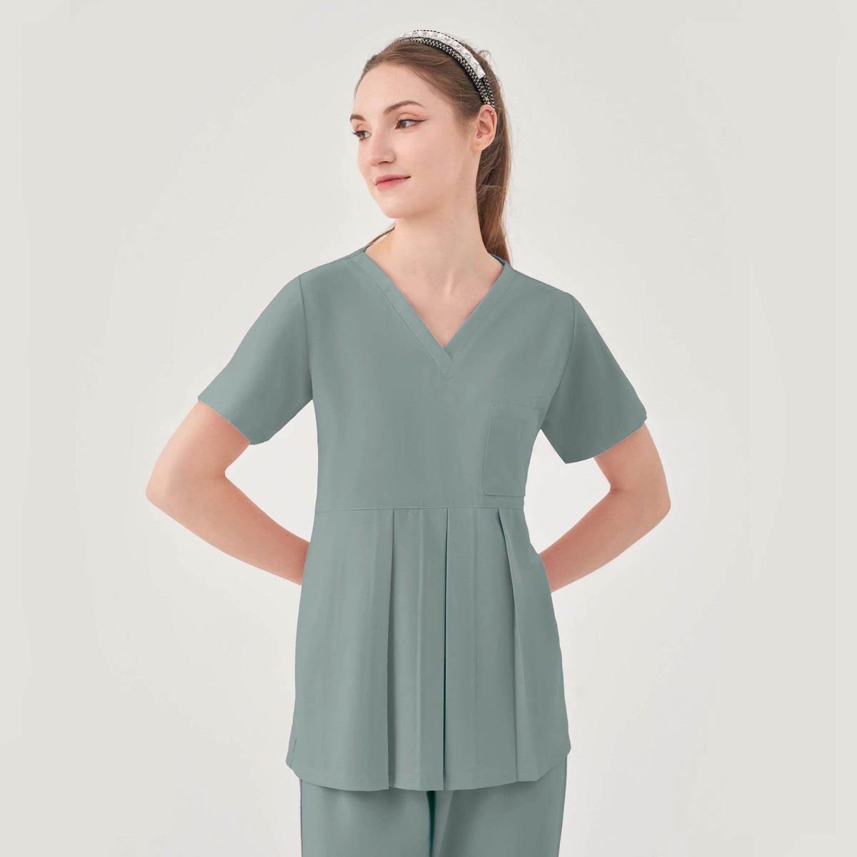Quantum 1068 Aspen Peplum V-Neck Scrub Top Camp Green