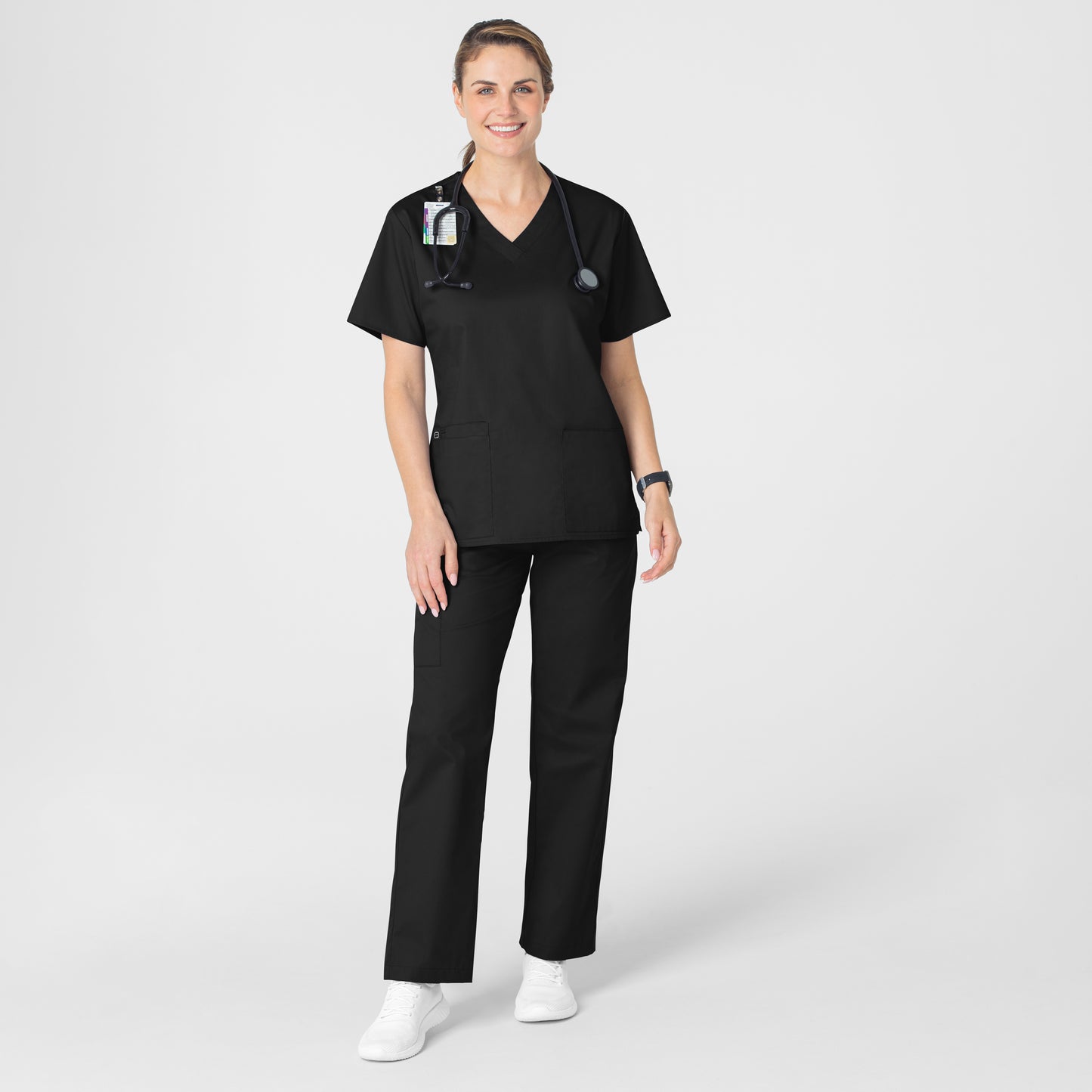 WonderWORK 101 V-Neck Scrub Top Black Model Image Alternate | Wink