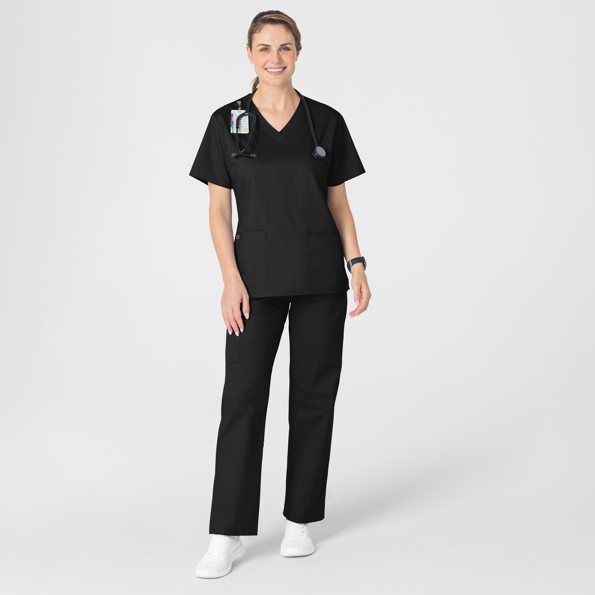 WonderWORK 101 V-Neck Scrub Top Black Model Image Alternate | Wink