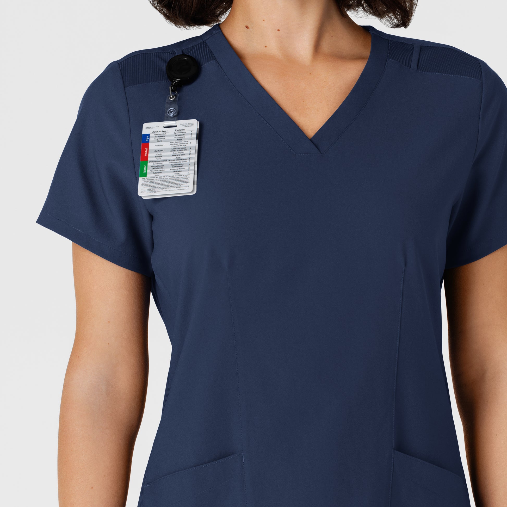 W123 6145 Flex-n-Reach Side Panel V-Neck Scrub Top Navy Model Image Alternate | Wink