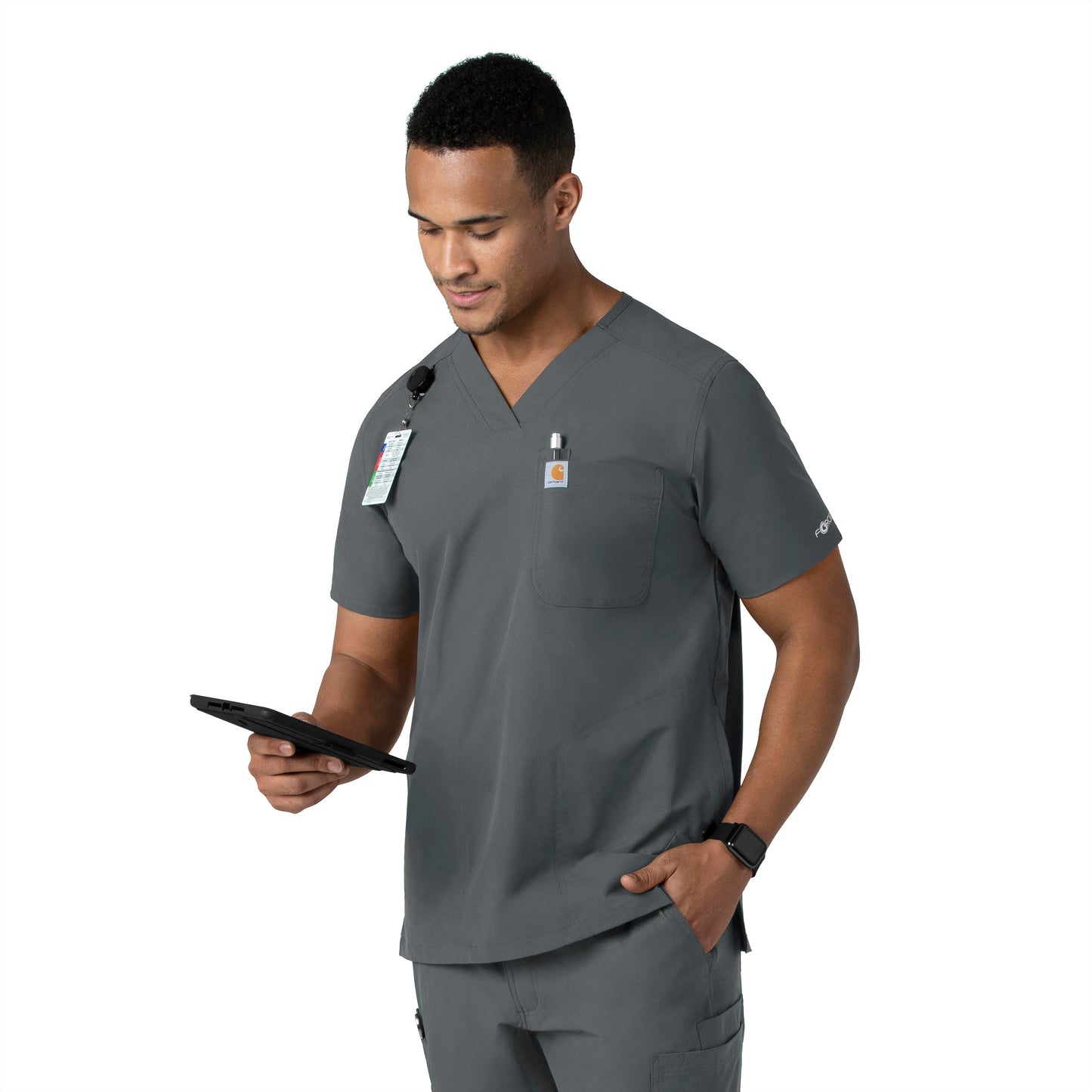 Force Essentials C16113 Men's V-Neck Shirttail Scrub Top Pewter Model Image Left Side | Carhartt