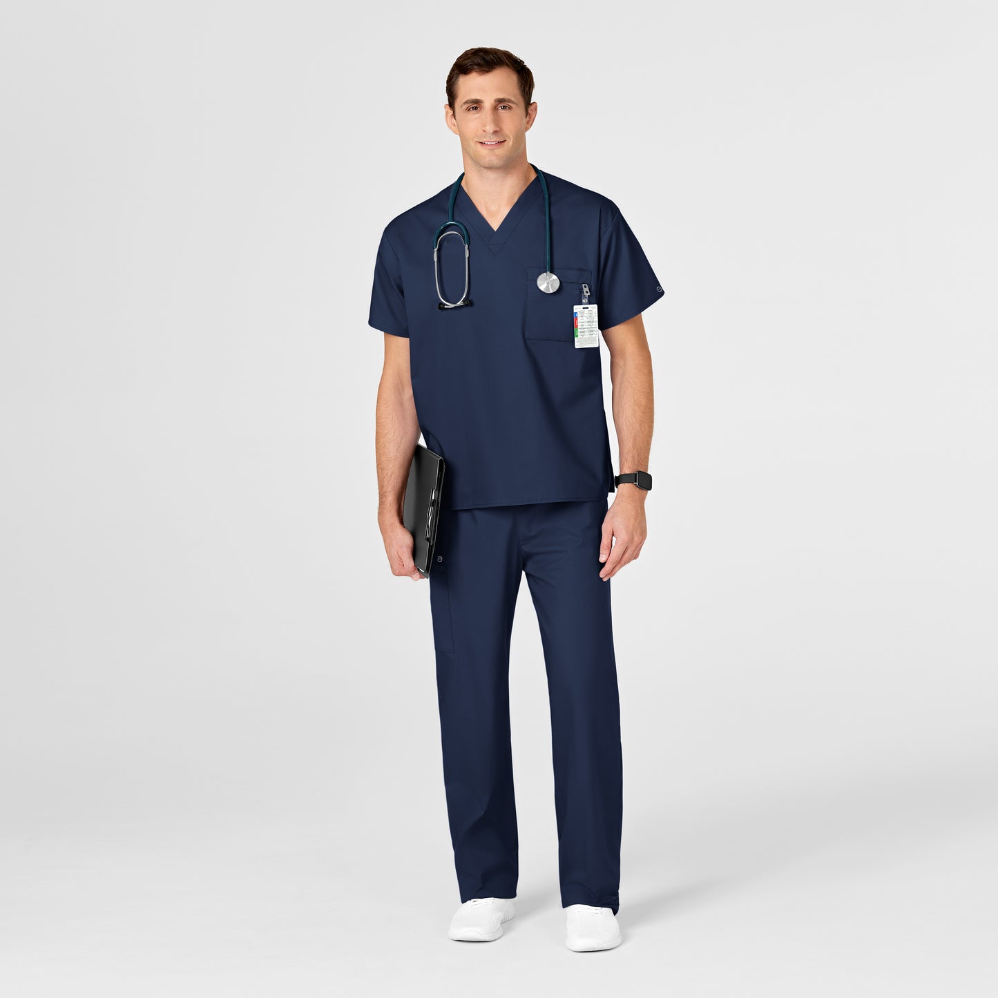 WonderWORK 100 Unisex V-Neck Scrub Top Navy Model Image Alternate | Wink