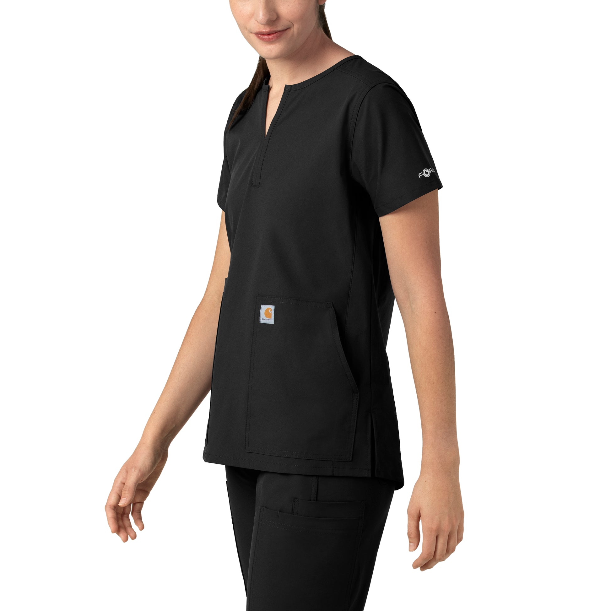 Force Essentials C12213 Notch Neck Tunic Scrub Top Black Model Image Right Side | Carhartt