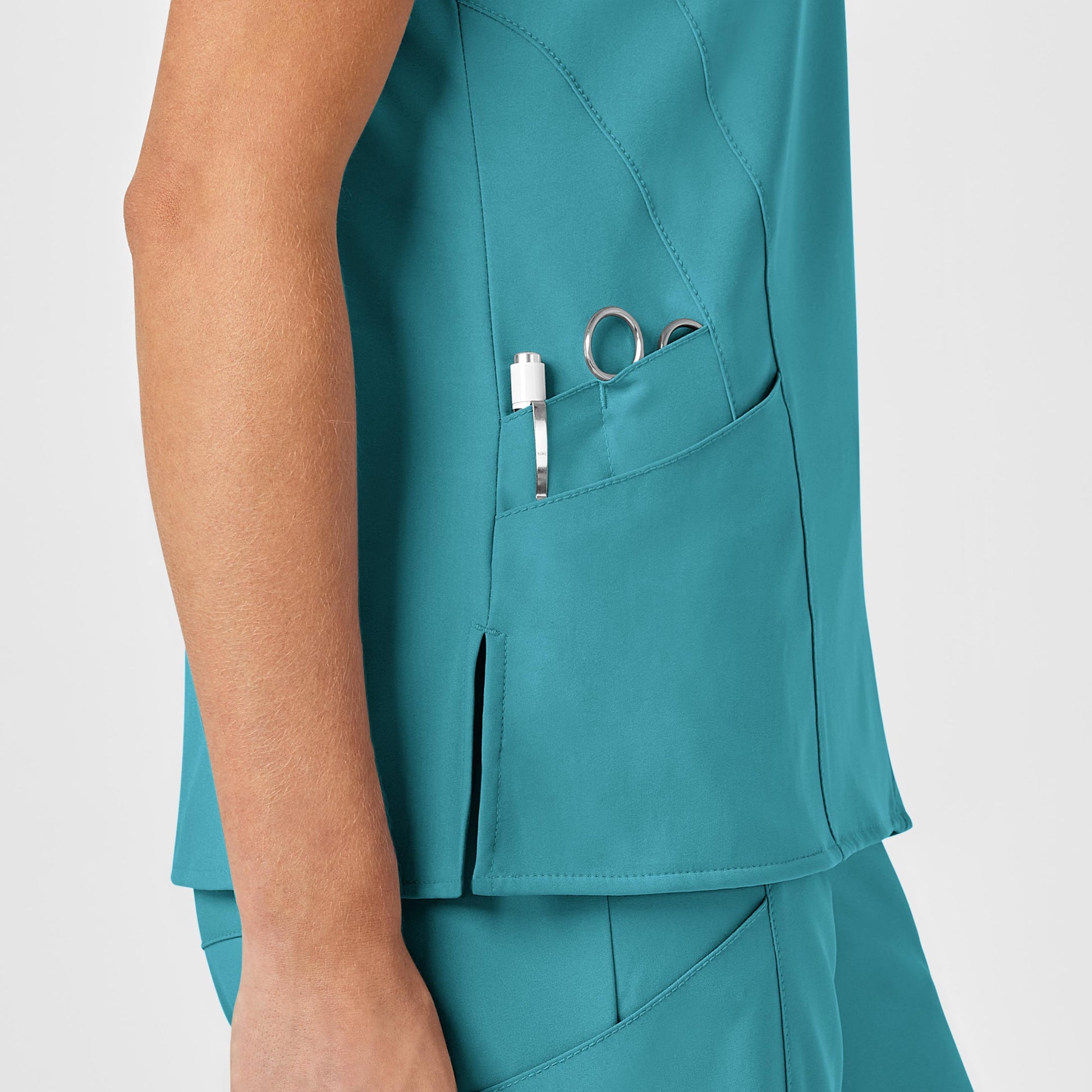 W123 6155 Stylized V-Neck Scrub Top Teal Blue Model Image Alternate | Wink