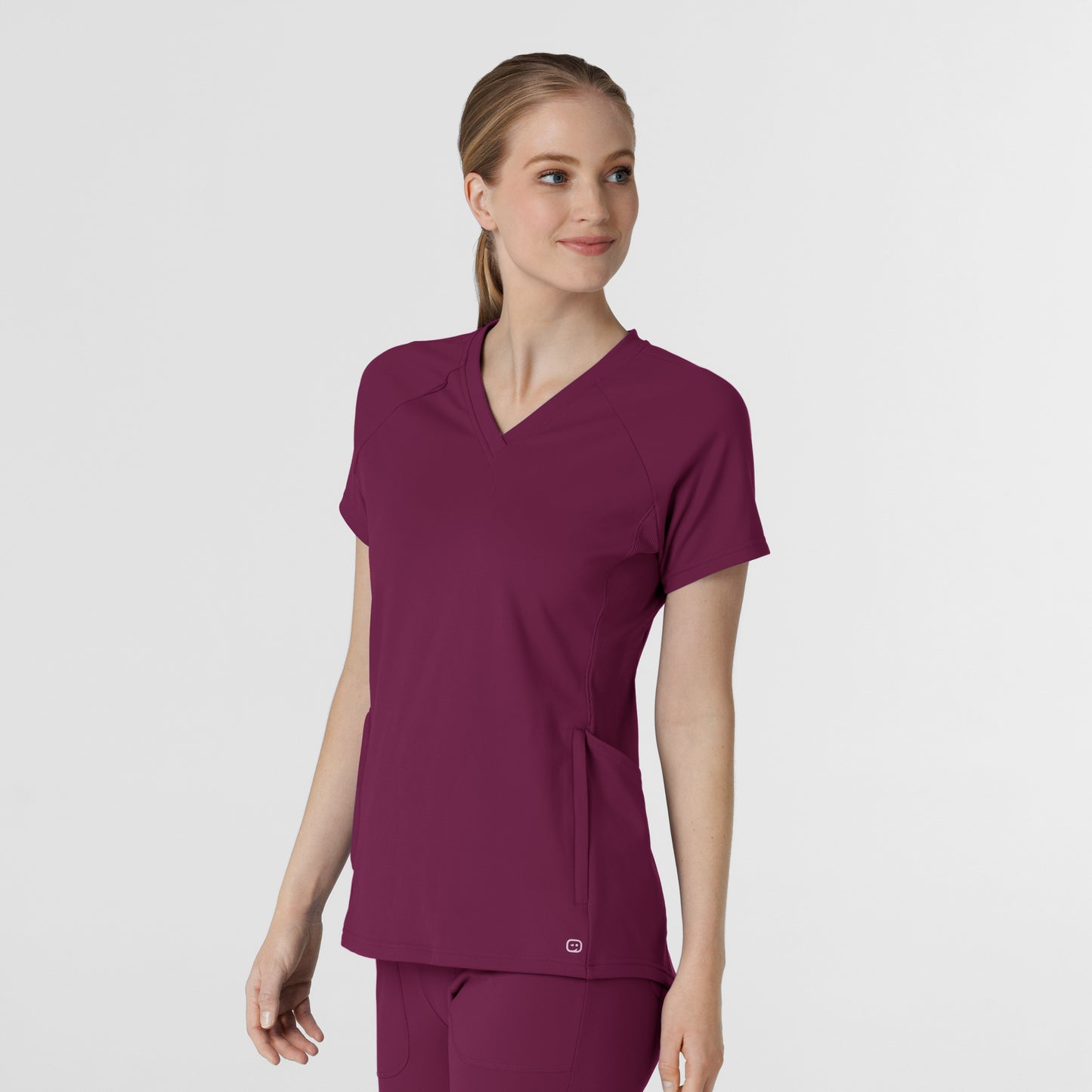 RENEW 6259 Knit Flex-n-Reach V-Neck Raglan Scrub Top Wine Model Image Right Side | Wink