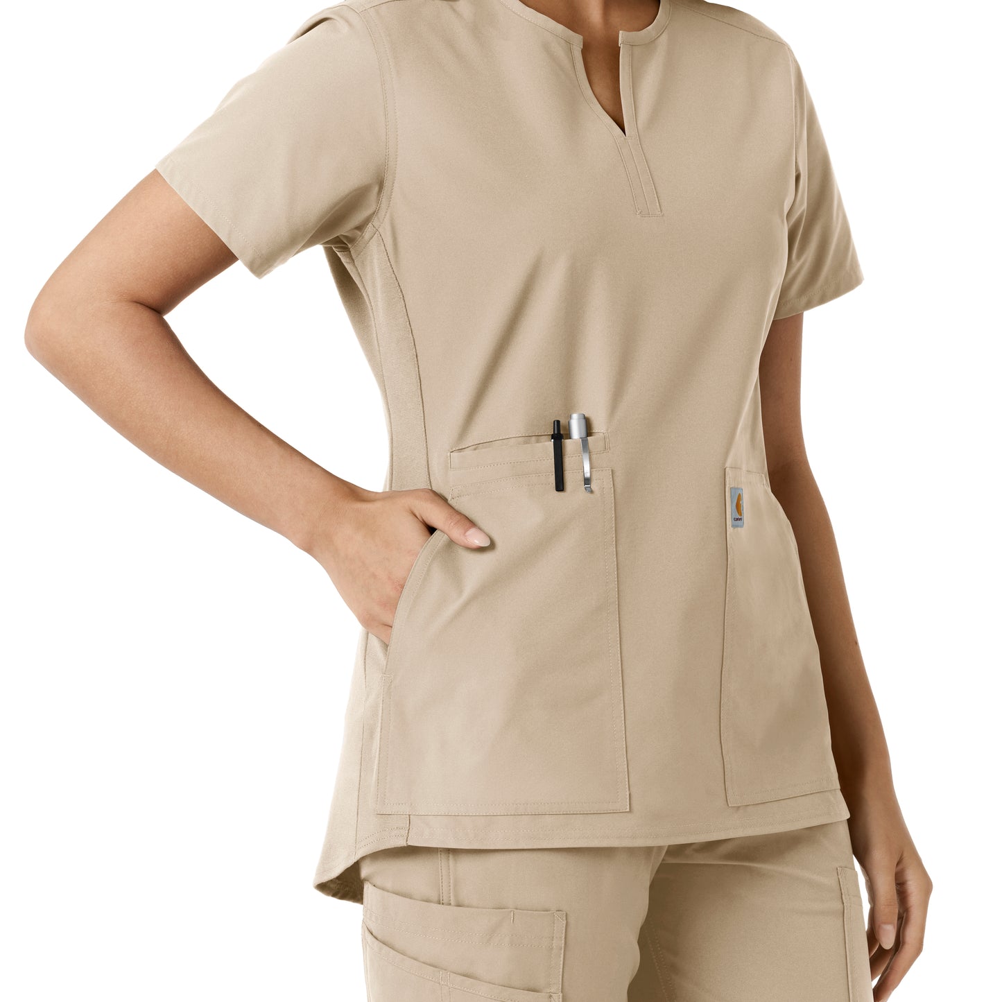 Force Essentials C12413 Notch Neck Tunic Knit Panel Scrub Top Khaki Model Image Alternate | Carhartt