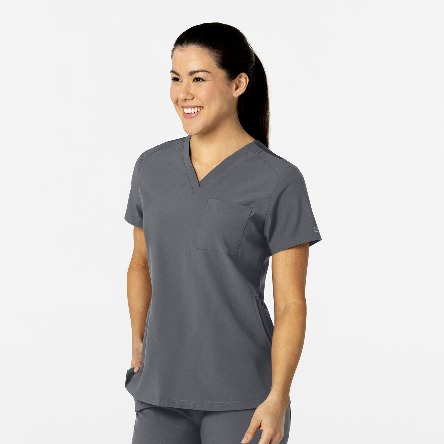 W123 6045 Flex-n-Reach V-Neck Scrub Top Pewter Model Image Right Side | Wink