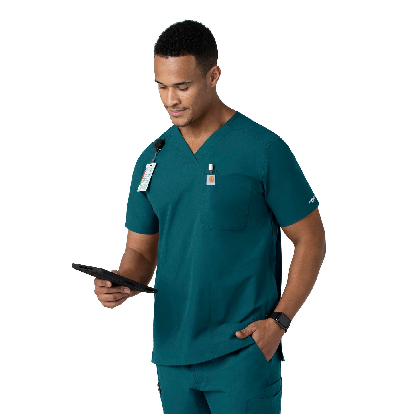 Force Essentials C16113 Men's V-Neck Shirttail Scrub Top Caribbean Blue Model Image Left Side | Carhartt