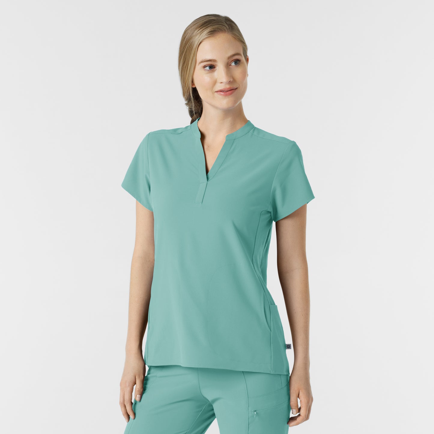 RENEW 6734 Mandarin Collar Scrub Top Turquoise Model Image Right Side | Wink