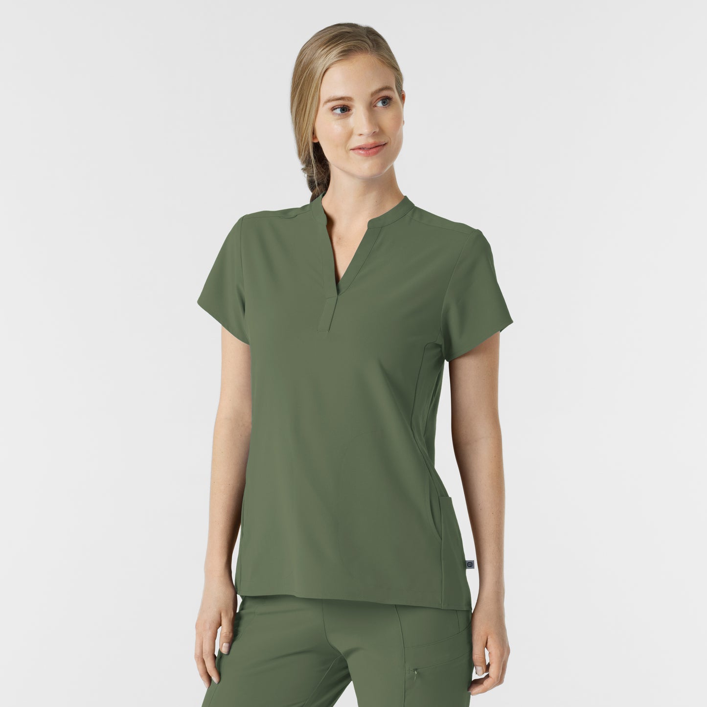 RENEW 6734 Mandarin Collar Scrub Top Olive Model Image Right Side | Wink