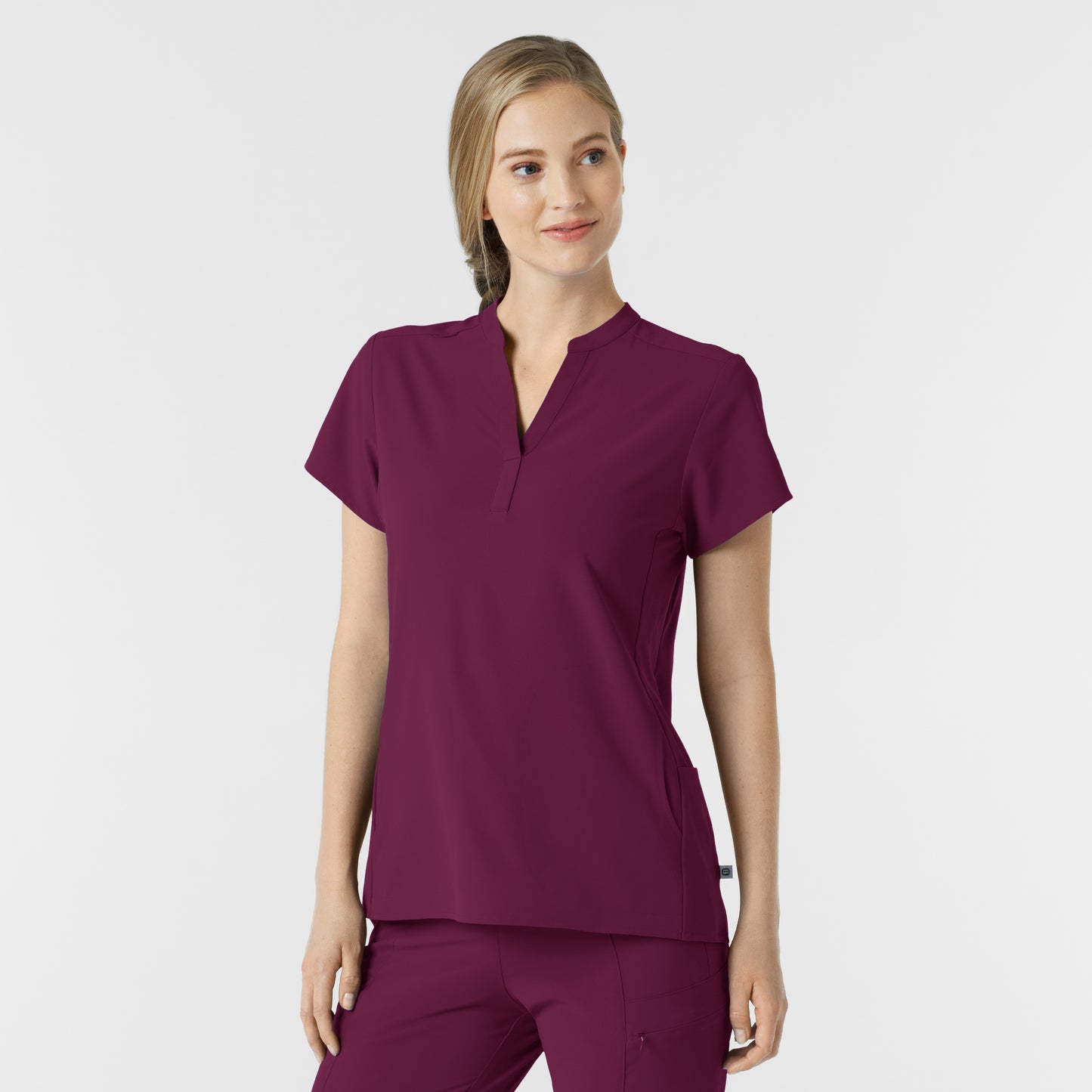 RENEW 6734 Mandarin Collar Scrub Top Wine Model Image Right Side | Wink