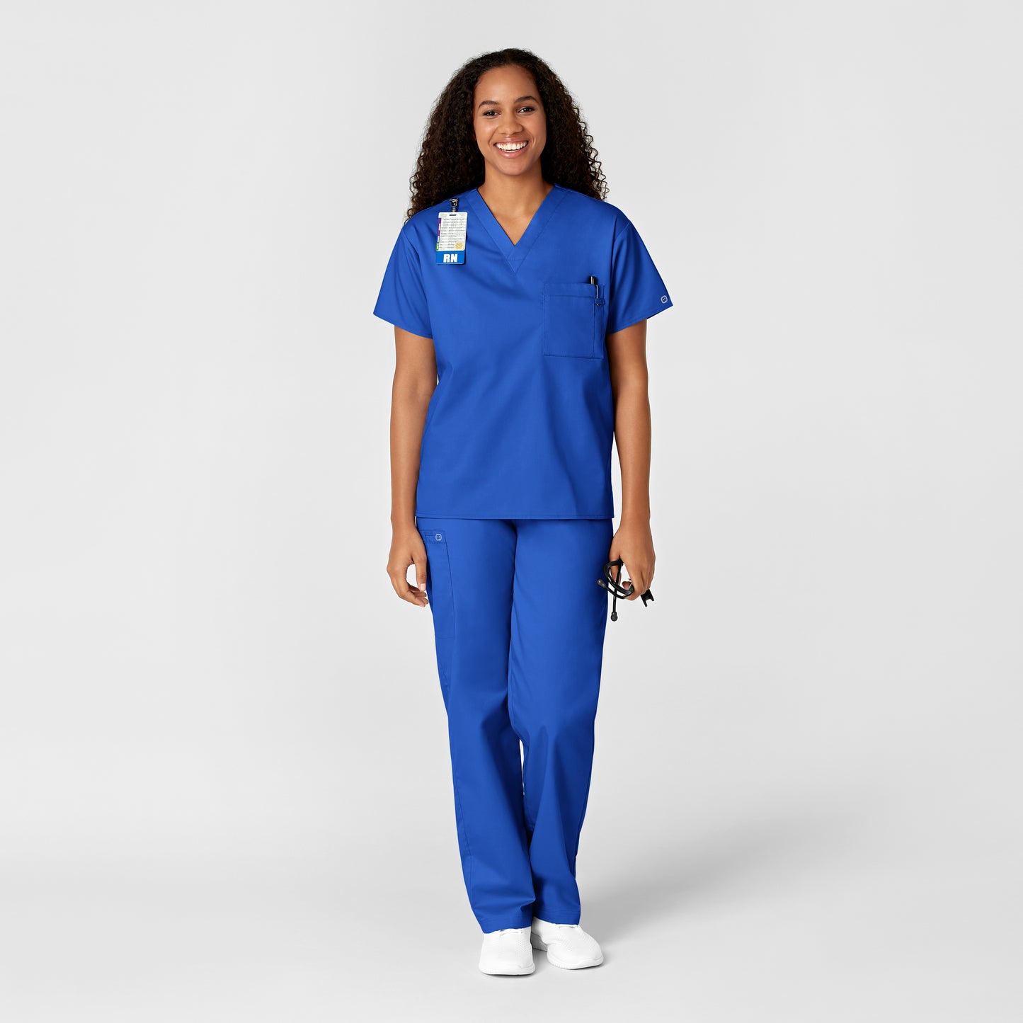 WonderWORK 100 Unisex V-Neck Scrub Top Royal Model Image Right Side | Wink