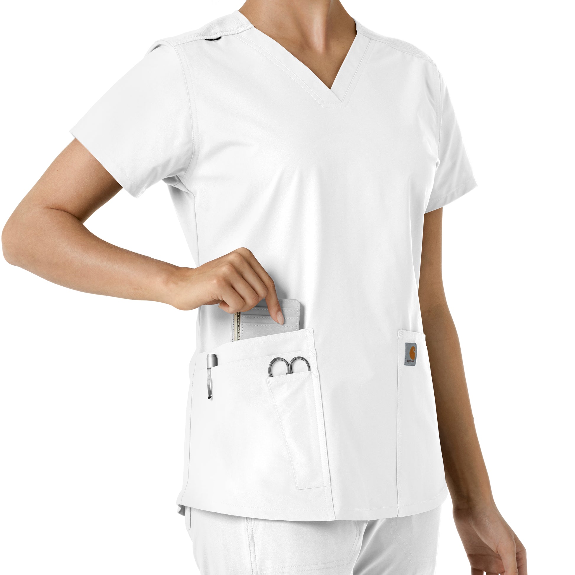 Force Essentials C12313 V-Neck Knit Panel Scrub Top White Model Image Alternate | Carhartt