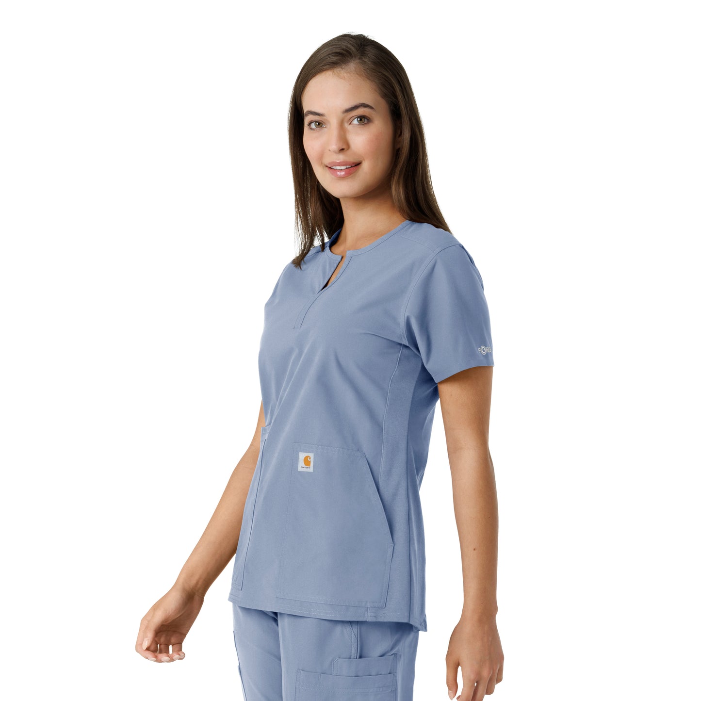 Force Essentials C12413 Notch Neck Tunic Knit Panel Scrub Top Ceil Blue Model Image Left Side | Carhartt