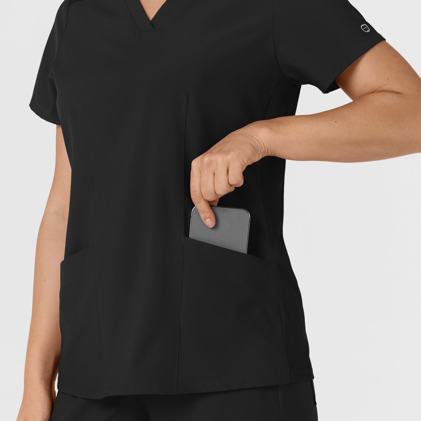 W123 6145 Flex-n-Reach Side Panel V-Neck Scrub Top Black Model Image Alternate | Wink