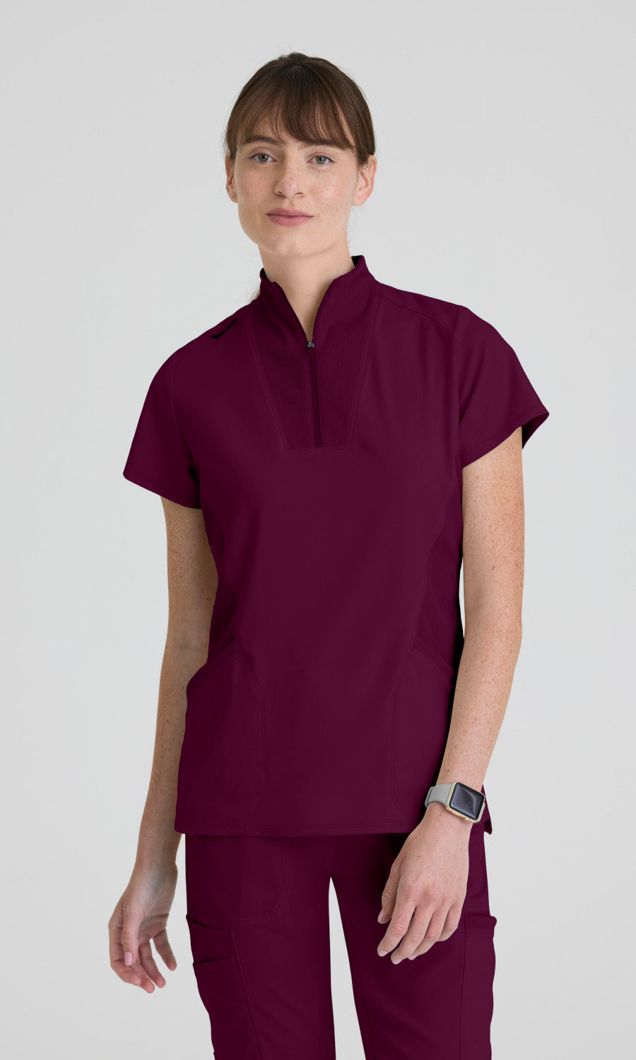 Greys Anatomy Spandex Stretch GRST292 Women's Kristi Top in Wine by Barco Model Image Front