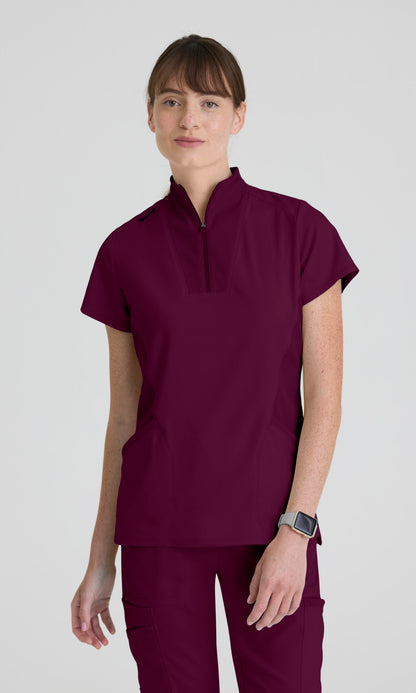 Greys Anatomy Spandex Stretch GRST292 Women's Kristi Top in Wine by Barco Model Image Front