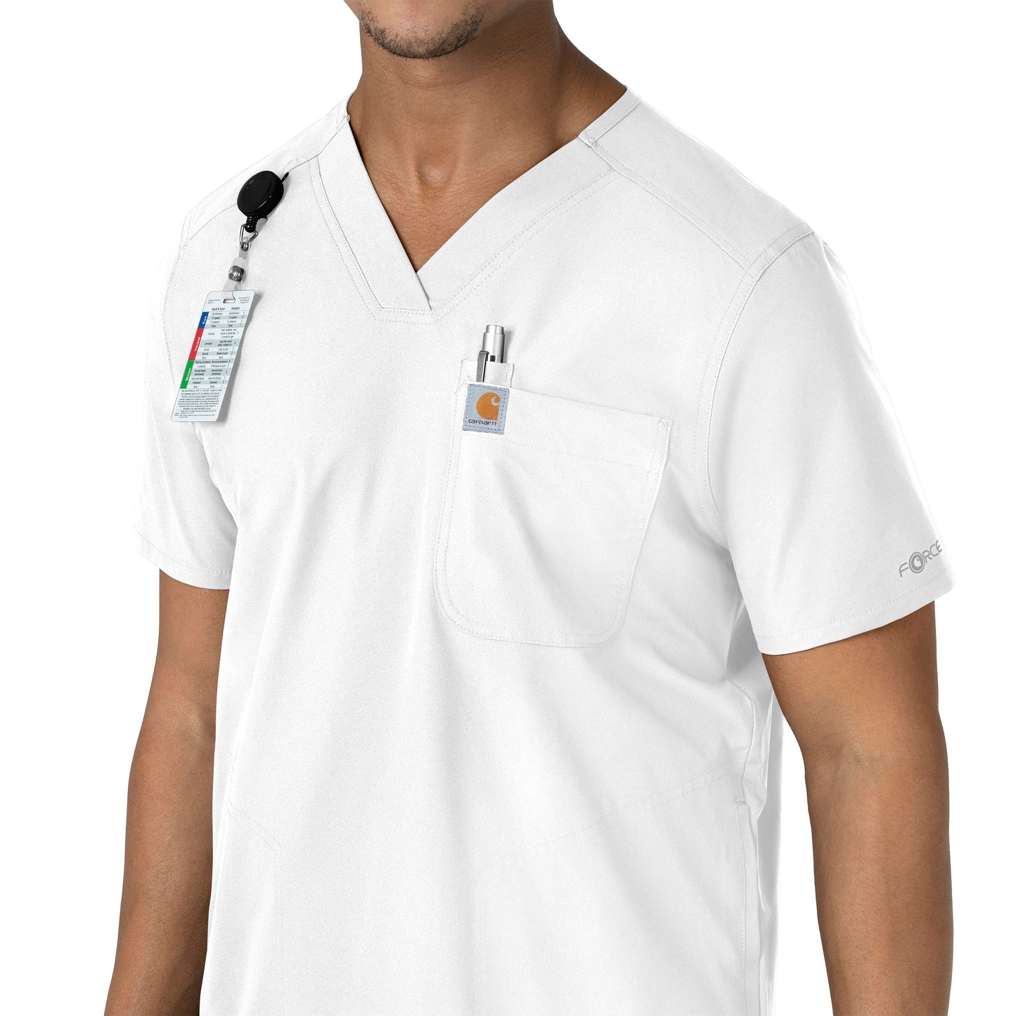 Force Essentials C16113 Men's V-Neck Shirttail Scrub Top White Model Image Left Side | Carhartt