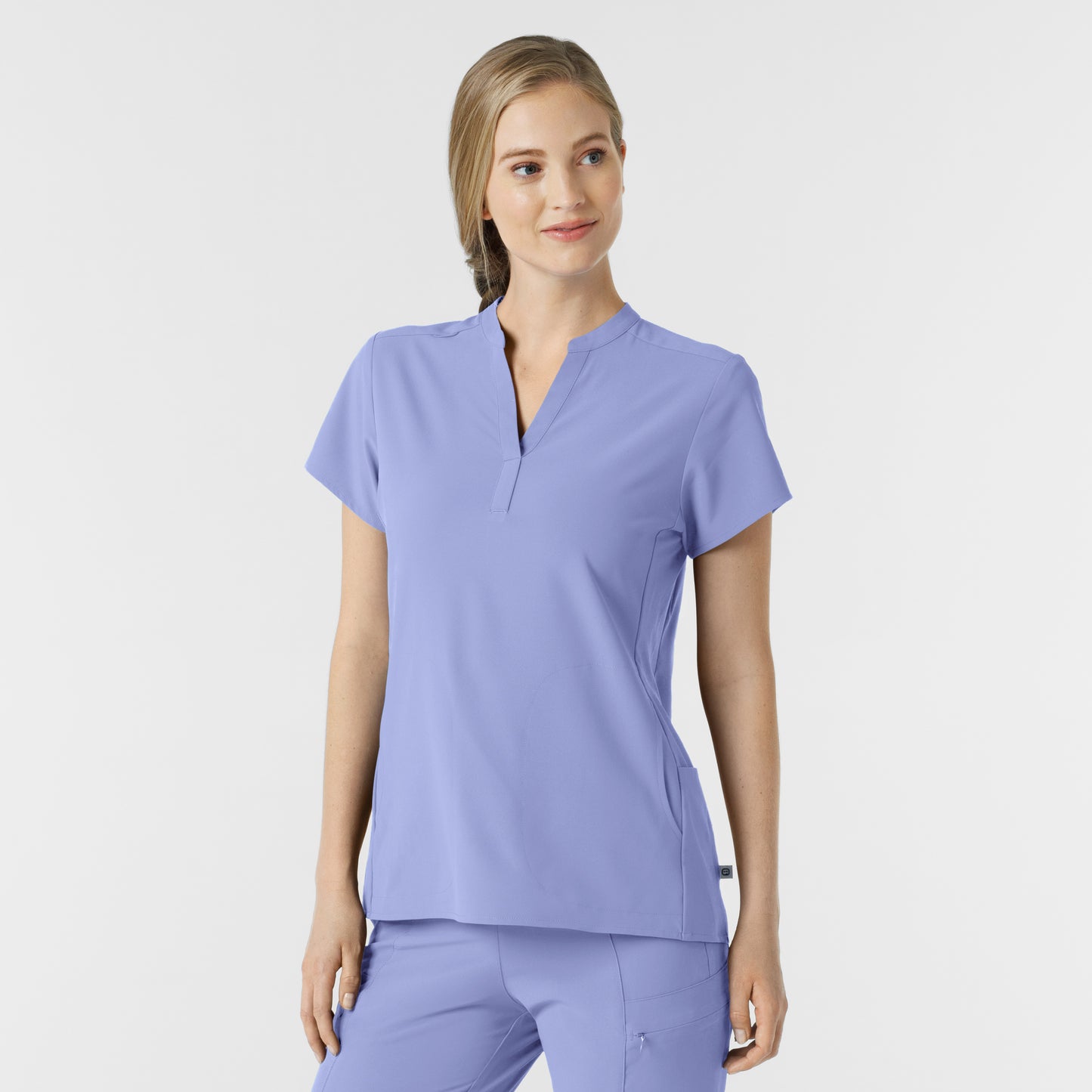 RENEW 6734 Mandarin Collar Scrub Top Ceil Blue Model Image Right Side | Wink