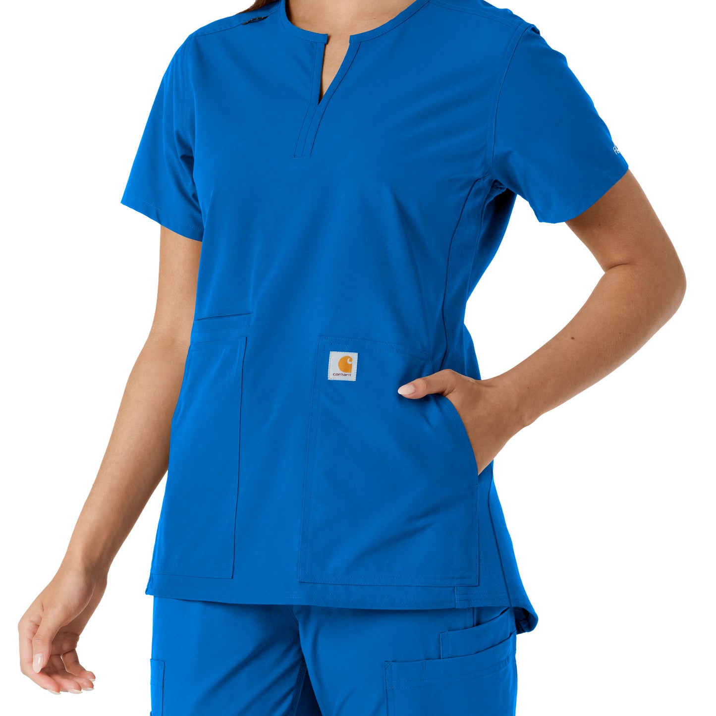 Force Essentials C12413 Notch Neck Tunic Knit Panel Scrub Top Royal Model Image Alternate | Carhartt