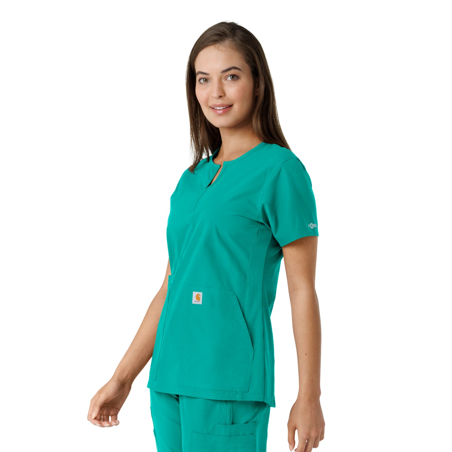 Force Essentials C12413 Notch Neck Tunic Knit Panel Scrub Top Teal Model Image Right Side | Carhartt