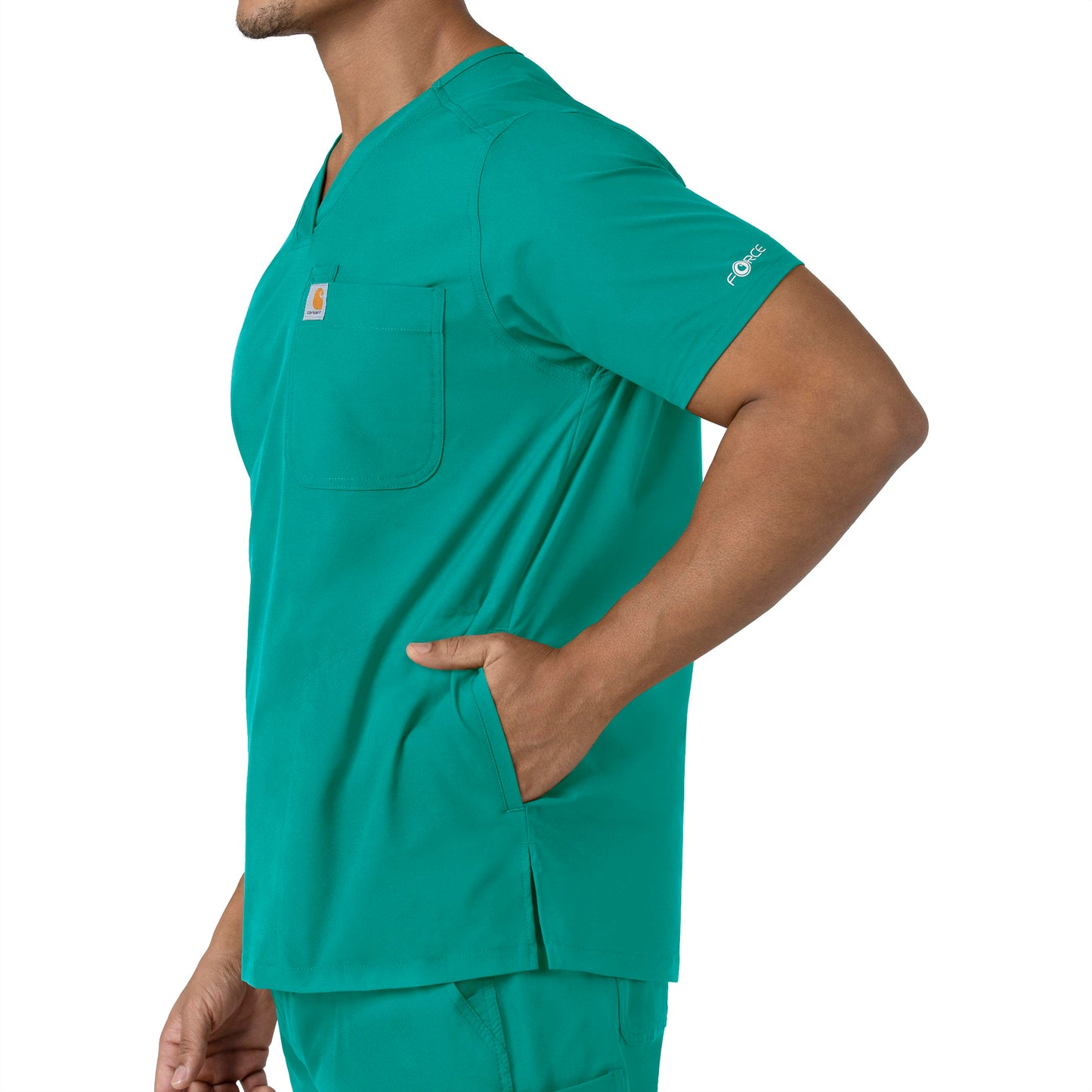 Force Essentials C16113 Men's V-Neck Shirttail Scrub Top Teal Blue Model Image Alternate | Carhartt