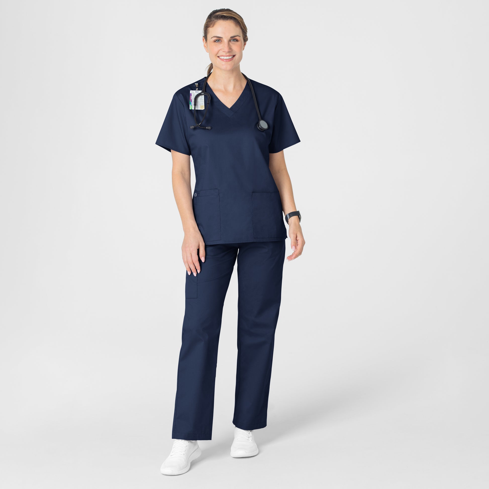 WonderWORK 101 V-Neck Scrub Top Navy Model Image Alternate | Wink