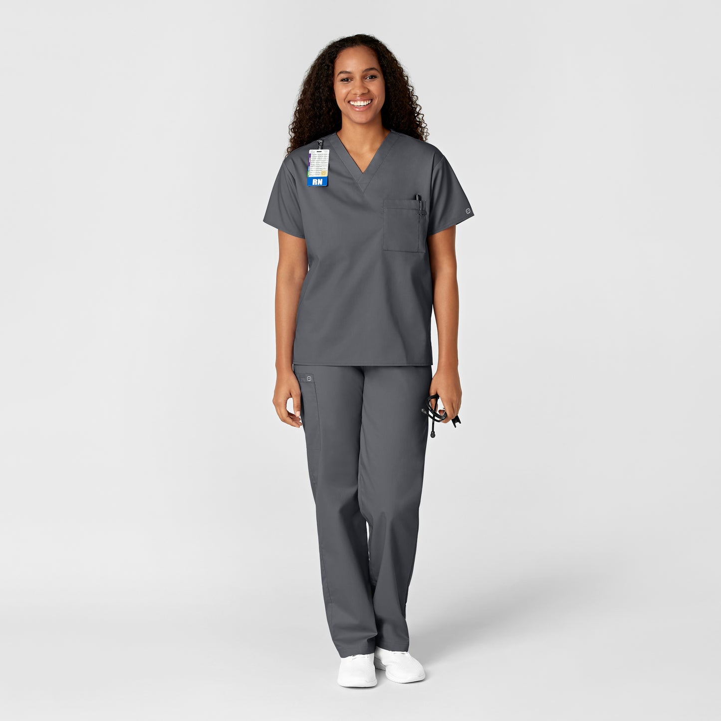 WonderWORK 100 Unisex V-Neck Scrub Top Pewter Model Image Alternate | Wink