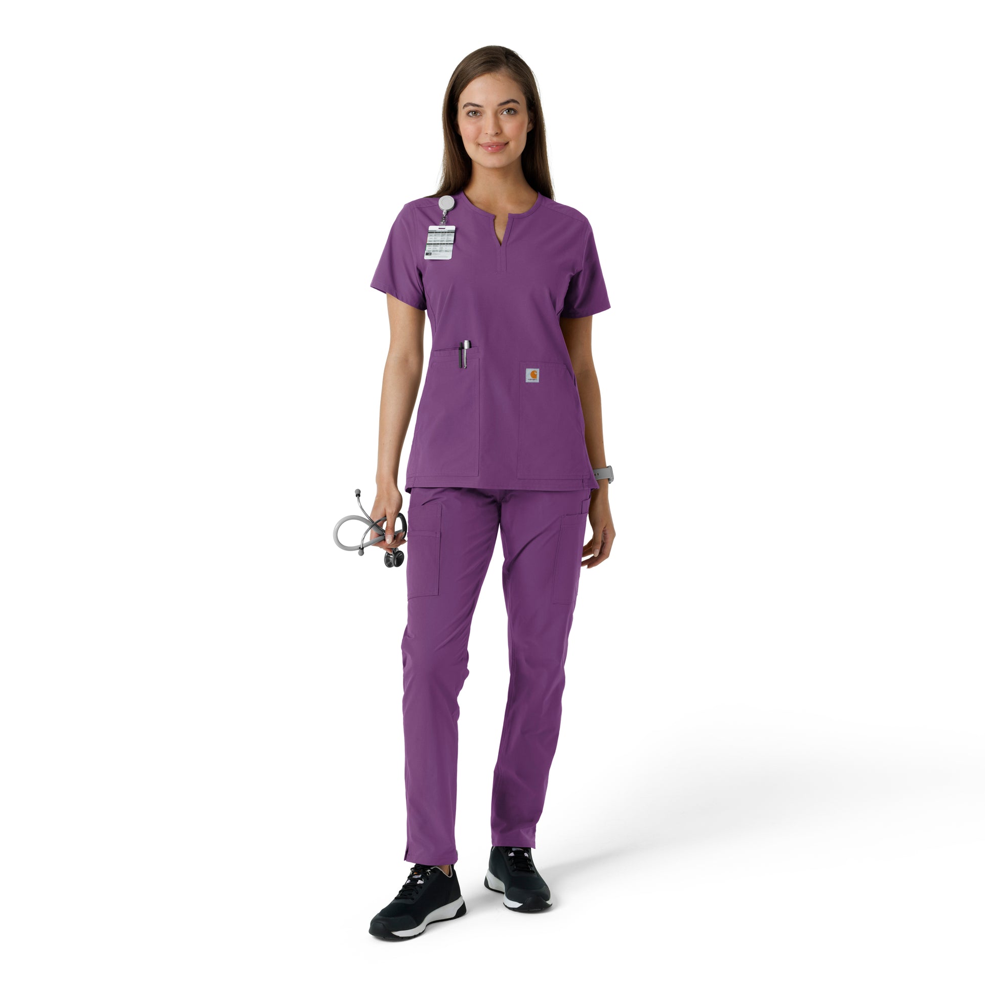 Force Essentials C12413 Notch Neck Tunic Knit Panel Scrub Top Eggplant Model Image Right Side | Carhartt