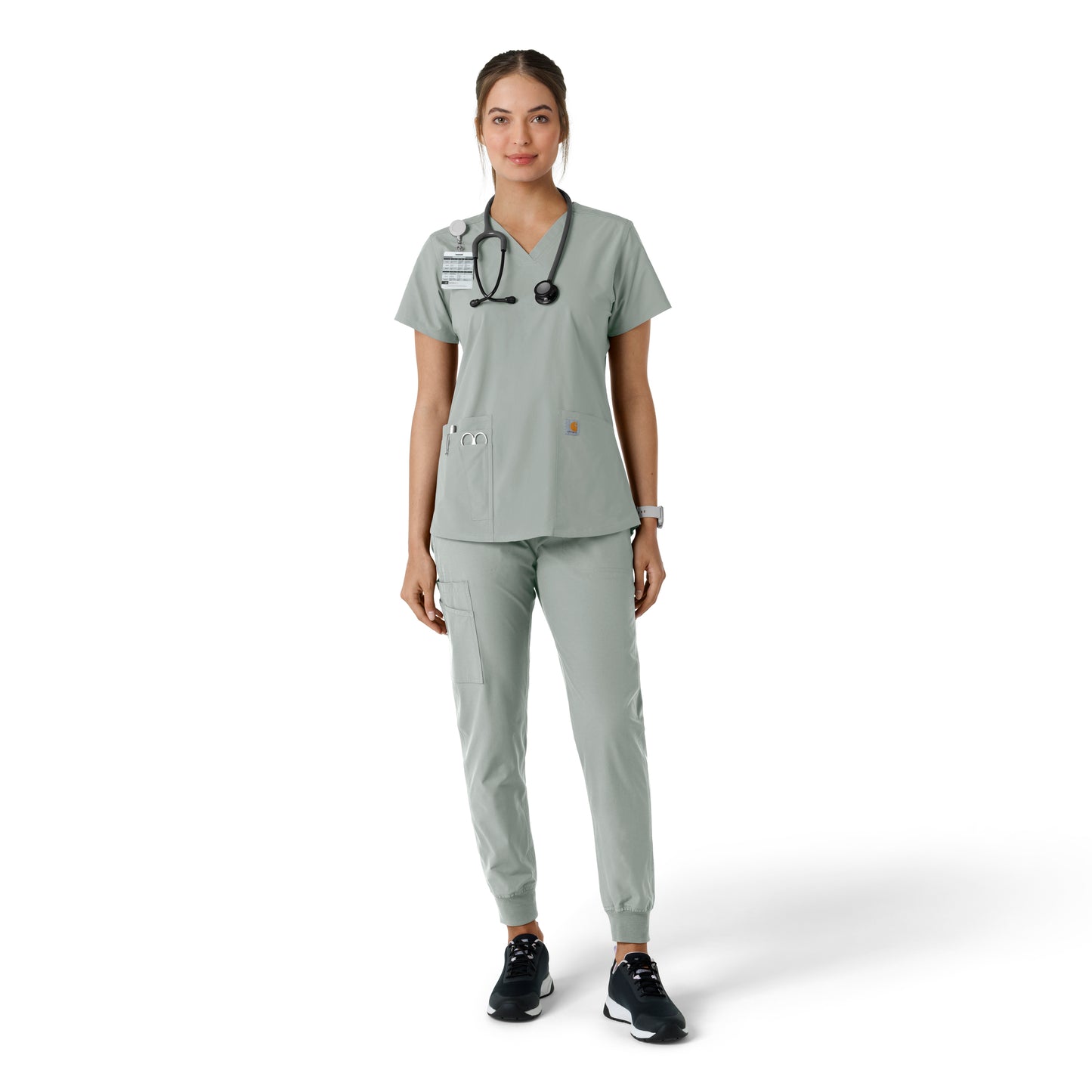 Force Essentials C12313 V-Neck Knit Panel Scrub Top Grey Model Image Right Side | Carhartt