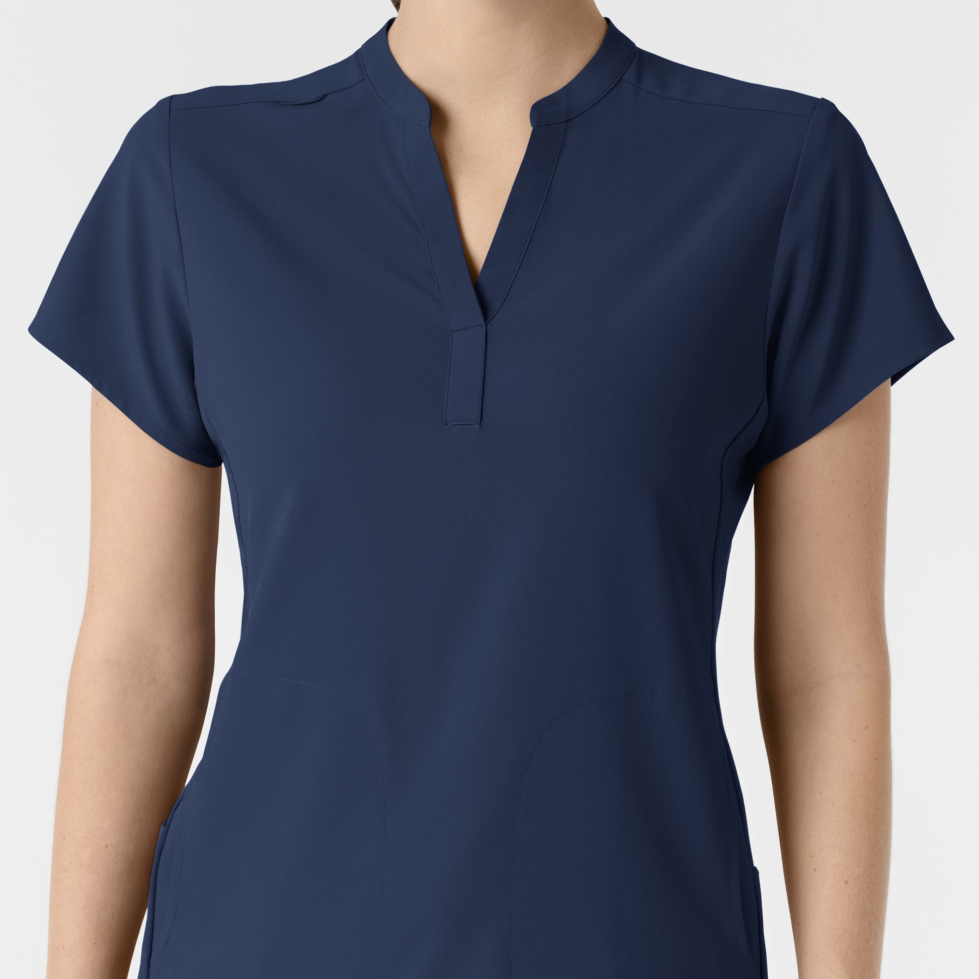 RENEW 6734 Mandarin Collar Scrub Top Navy Model Image Left Side | Wink