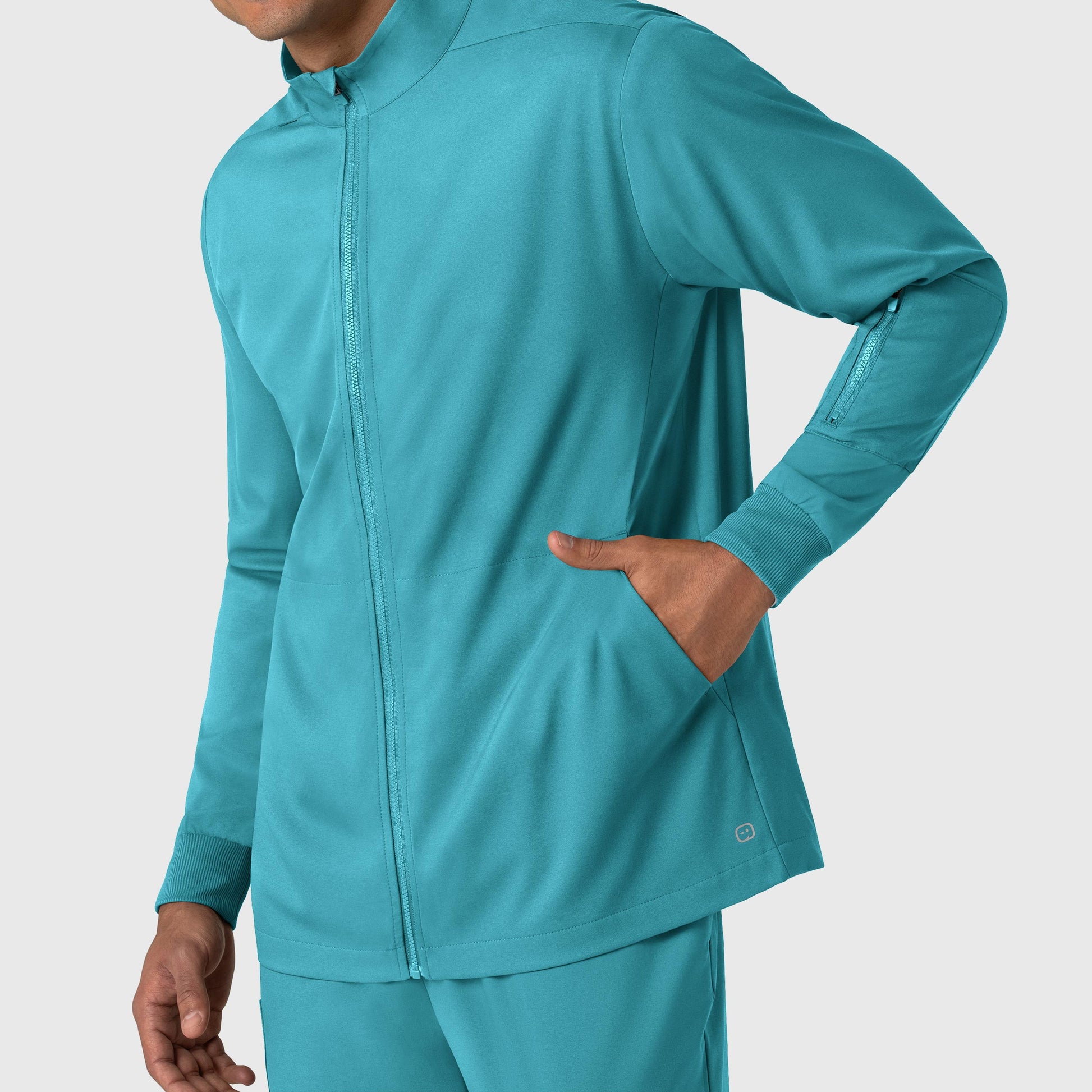 Boundless 8351 Men's Warm Up Scrub Jacket Teal Model Image Left Side | Wink