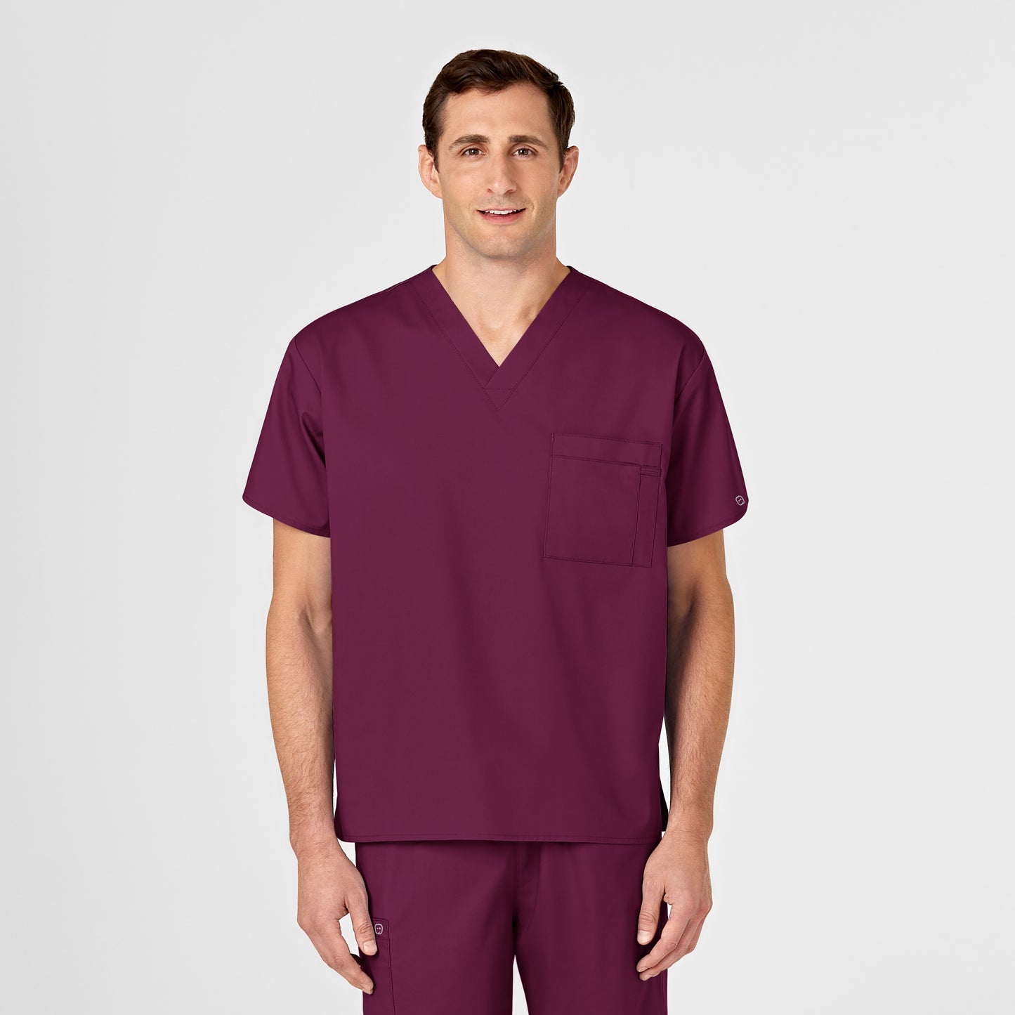 WonderWORK 100 Unisex V-Neck Scrub Top Wine Model Image Left Side | Wink