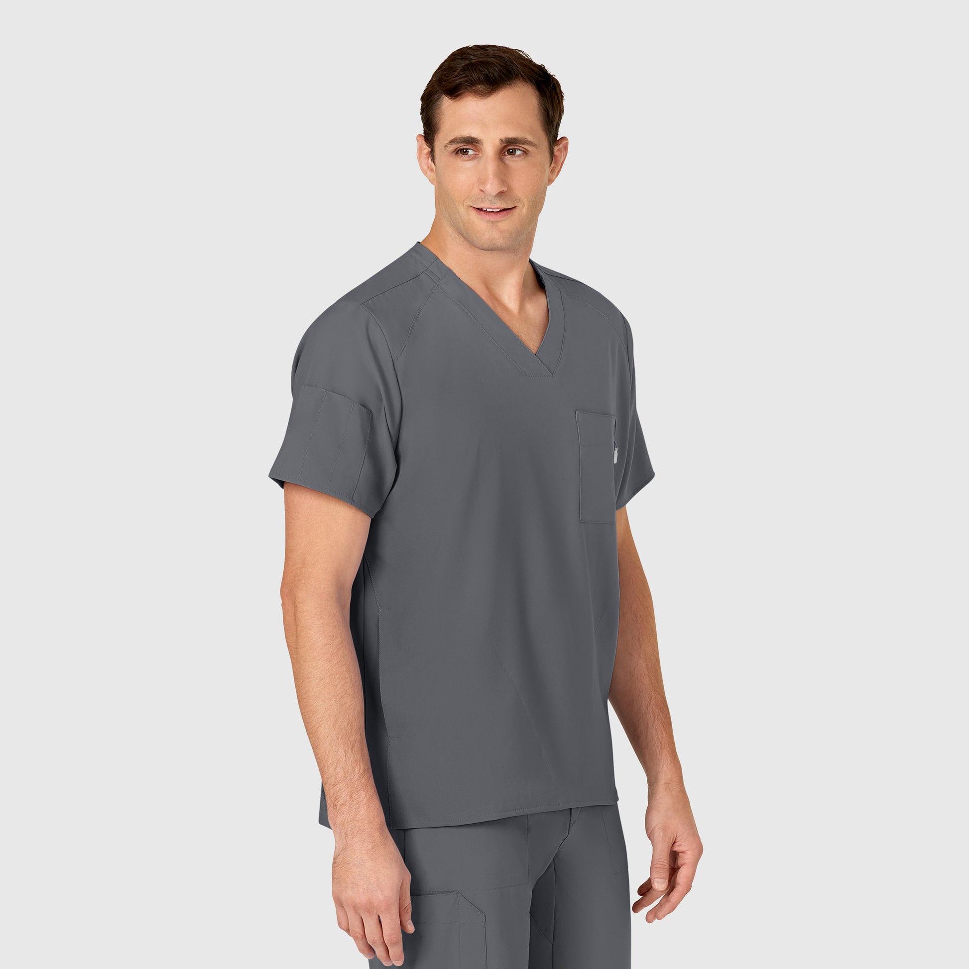 W123 6355 Men's V-Neck Scrub Top Pewter Model Image Left Side | Wink