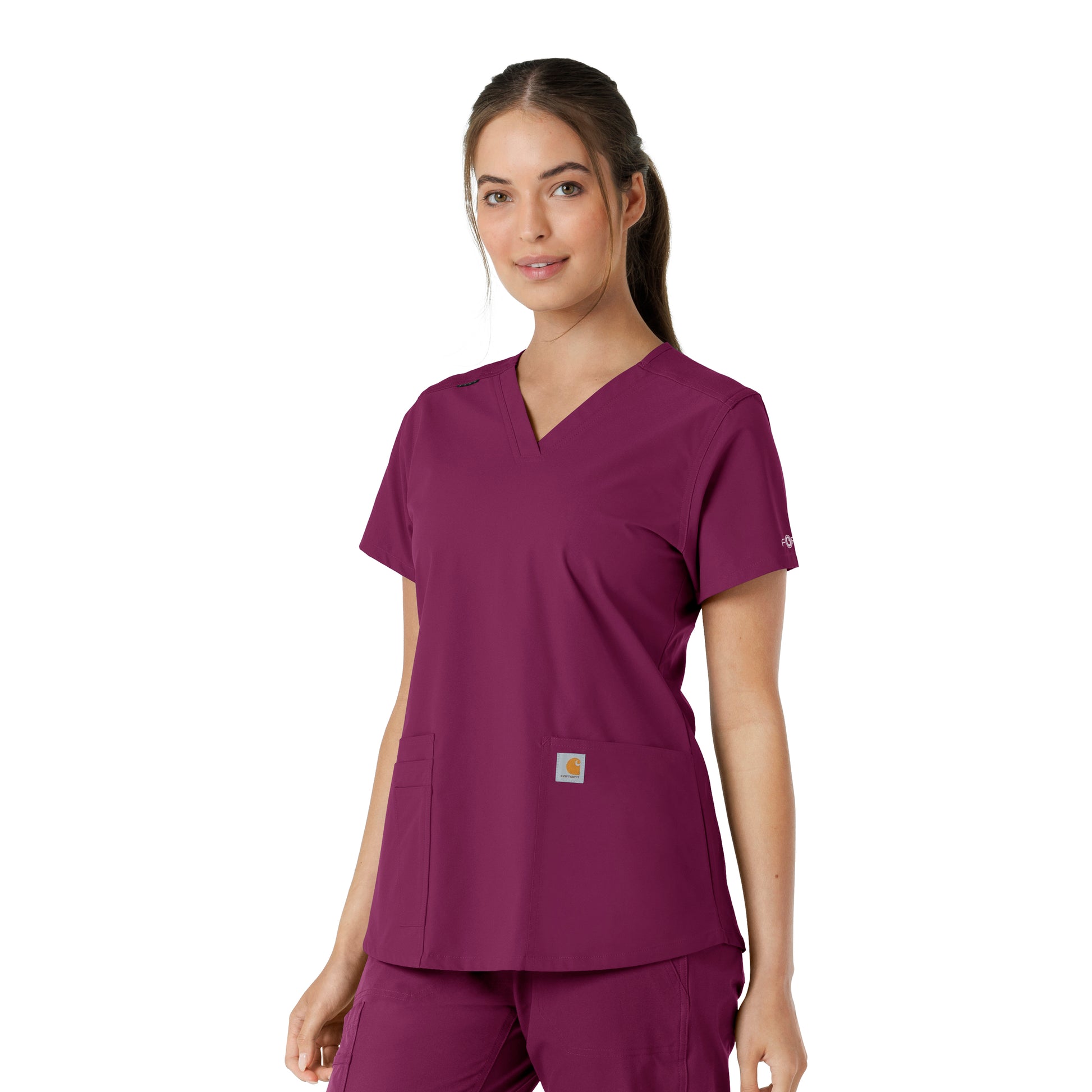 Force Essentials C12313 V-Neck Knit Panel Scrub Top Wine Model Image Right Side | Carhartt