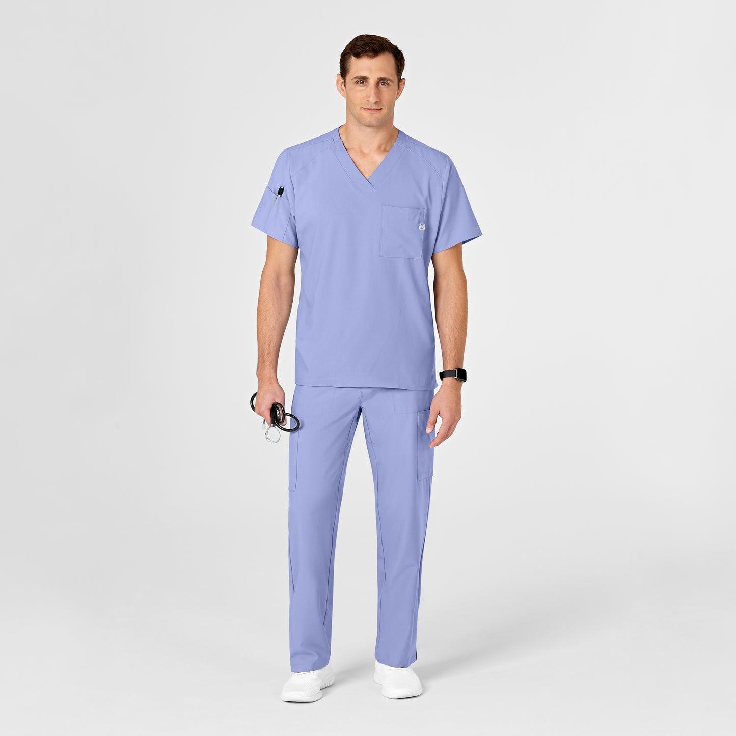 W123 6355 Men's V-Neck Scrub Top Ceil Blue Model Image Right Side | Wink