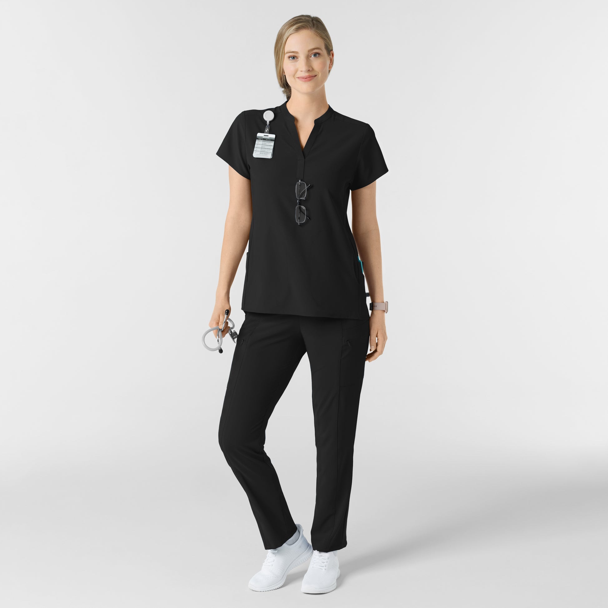 RENEW 6734 Mandarin Collar Scrub Top Black Model Image Alternate | Wink